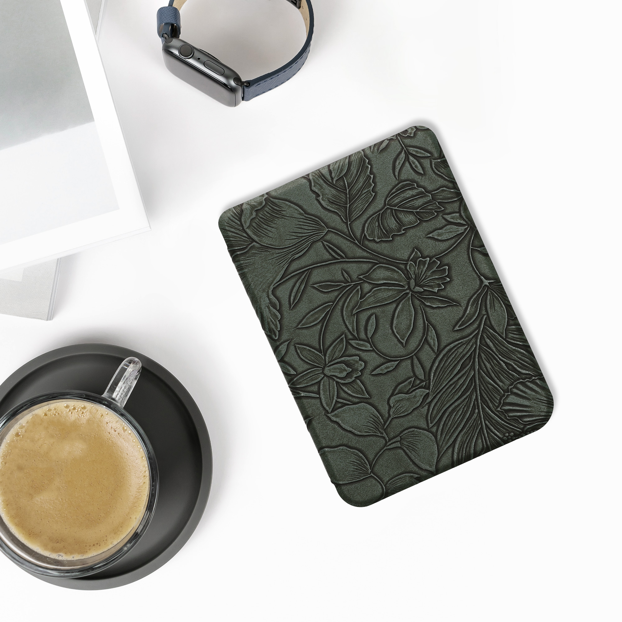 Flip pouzdro na čtečku s magnetem Kobo Clara BW/Colour Embossing Flowers zelené se stojánkem