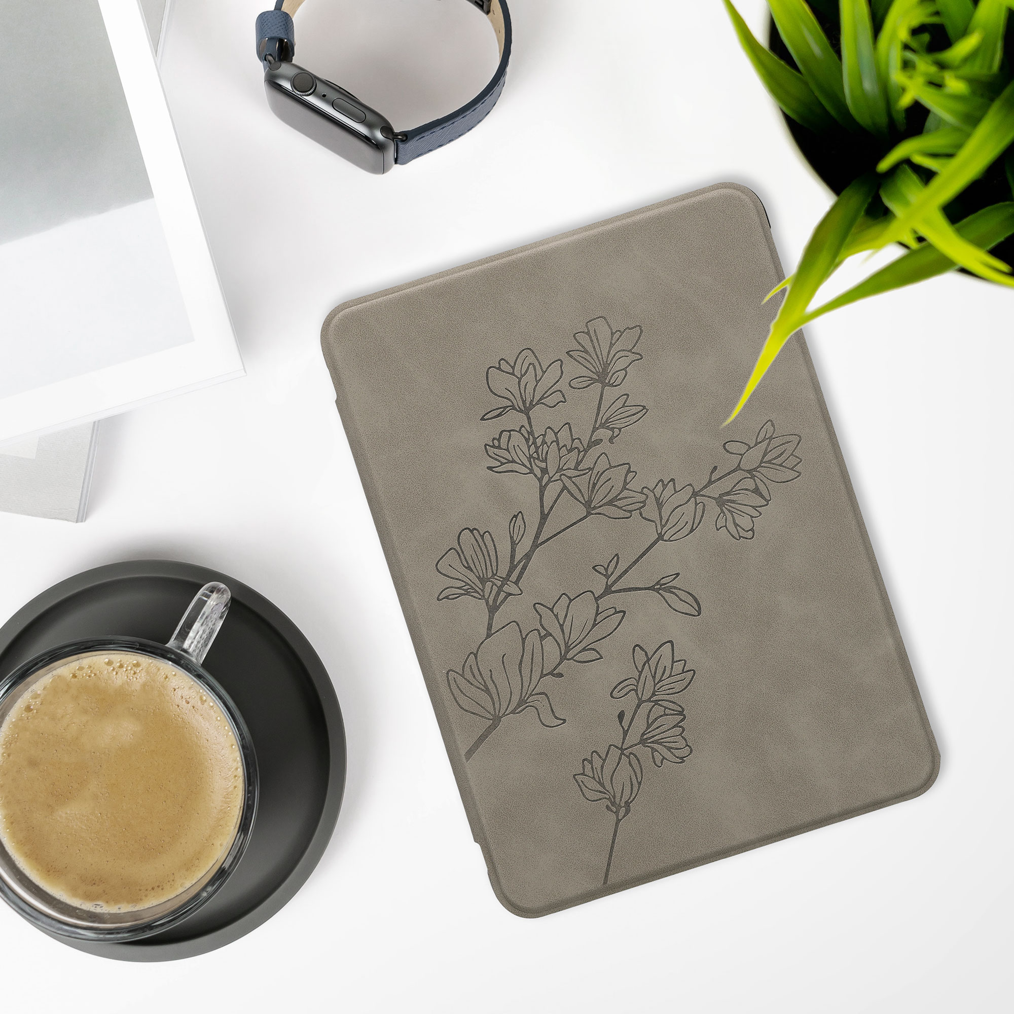Pouzdro na čtečku kwmobile Kindle Paperwhite 2024 / Colorsoft - Magnolias - šedá