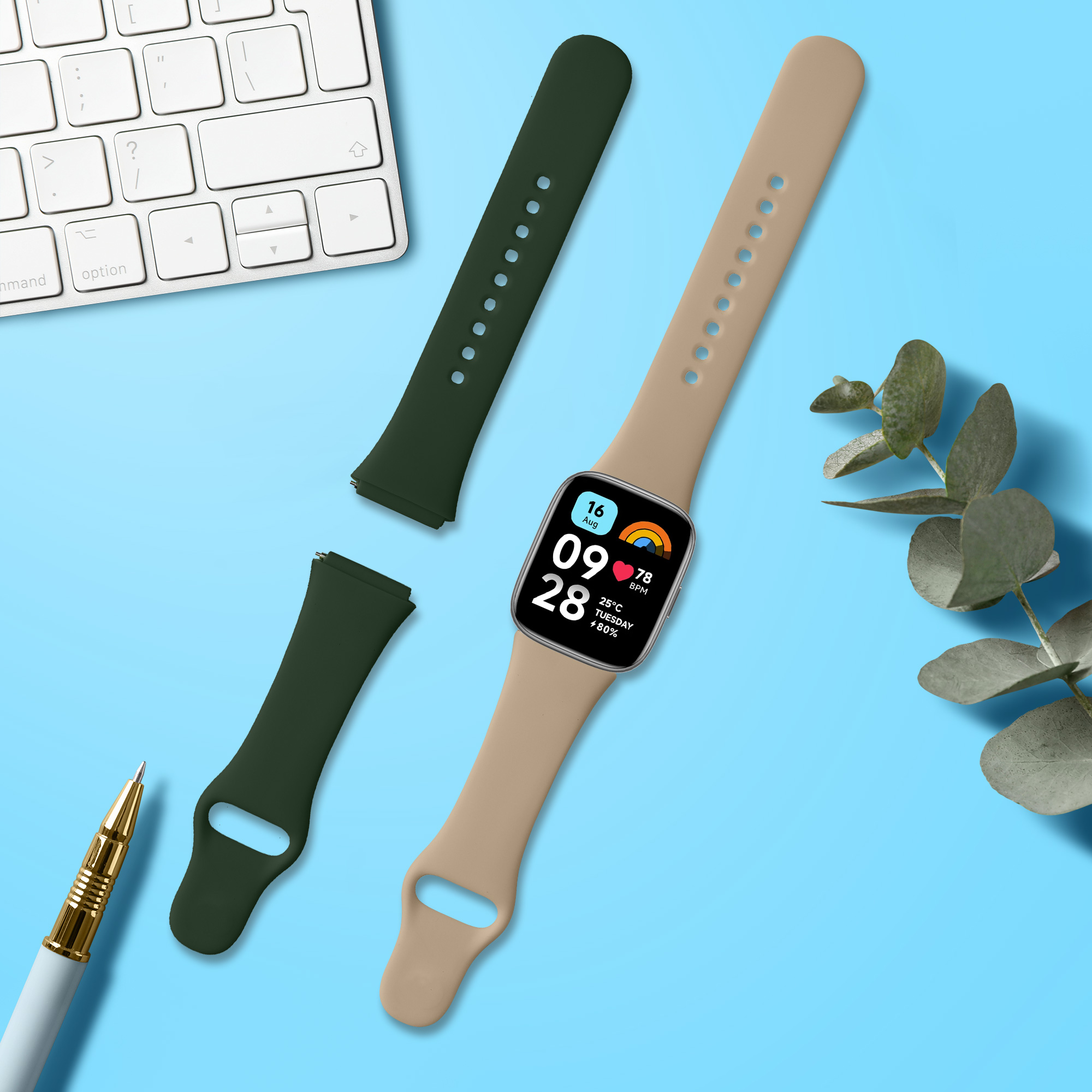 kwmobile řemínek k hodinkám Redmi Watch 3 Active - tmavě zelená / béžová