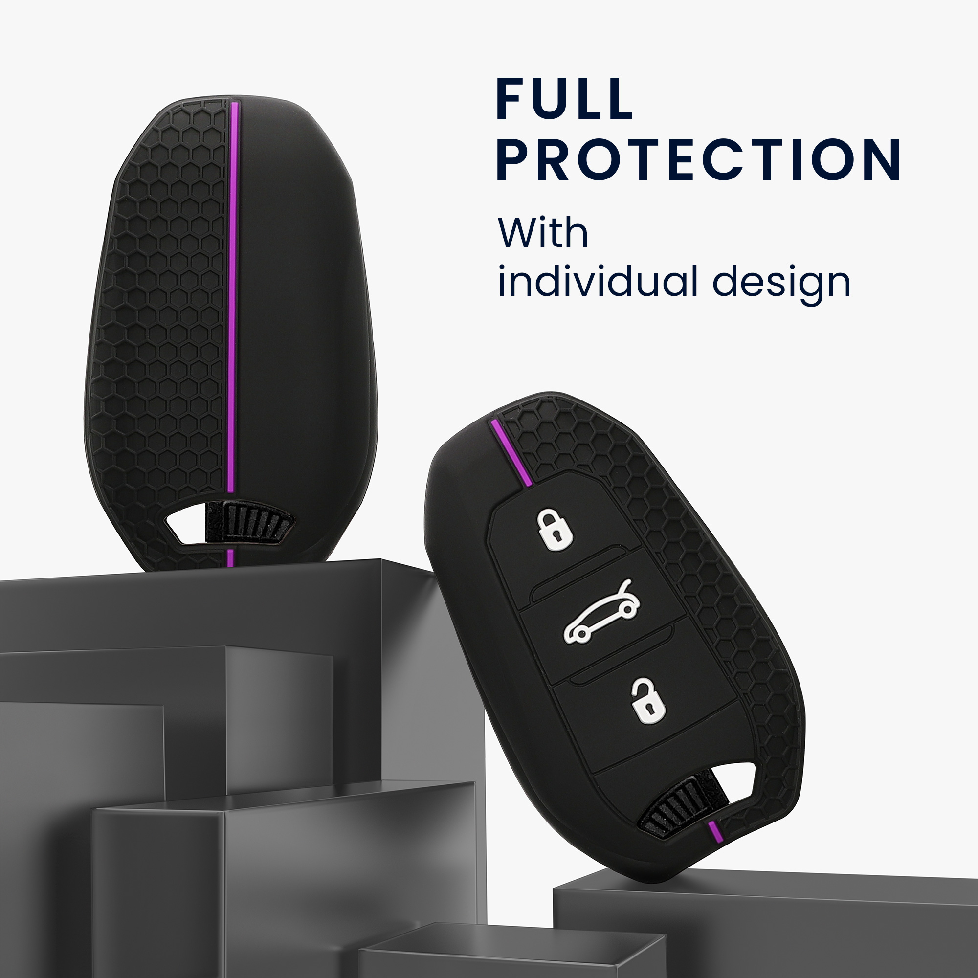 Obal na klíč pro Peugeot Citroën Smart Key se 3 tlačítky (Keyless Go), protiskluzový, odolný proti poškrábání kwmobile ‑ černá / fialová
