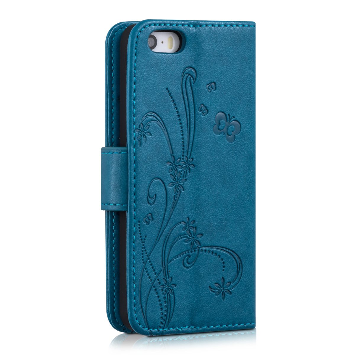 Flipové pouzdro kwmobile pro iPhone SE (1. generace 2016) / iPhone 5 / iPhone 5S - motýlí úponky tmavě modré