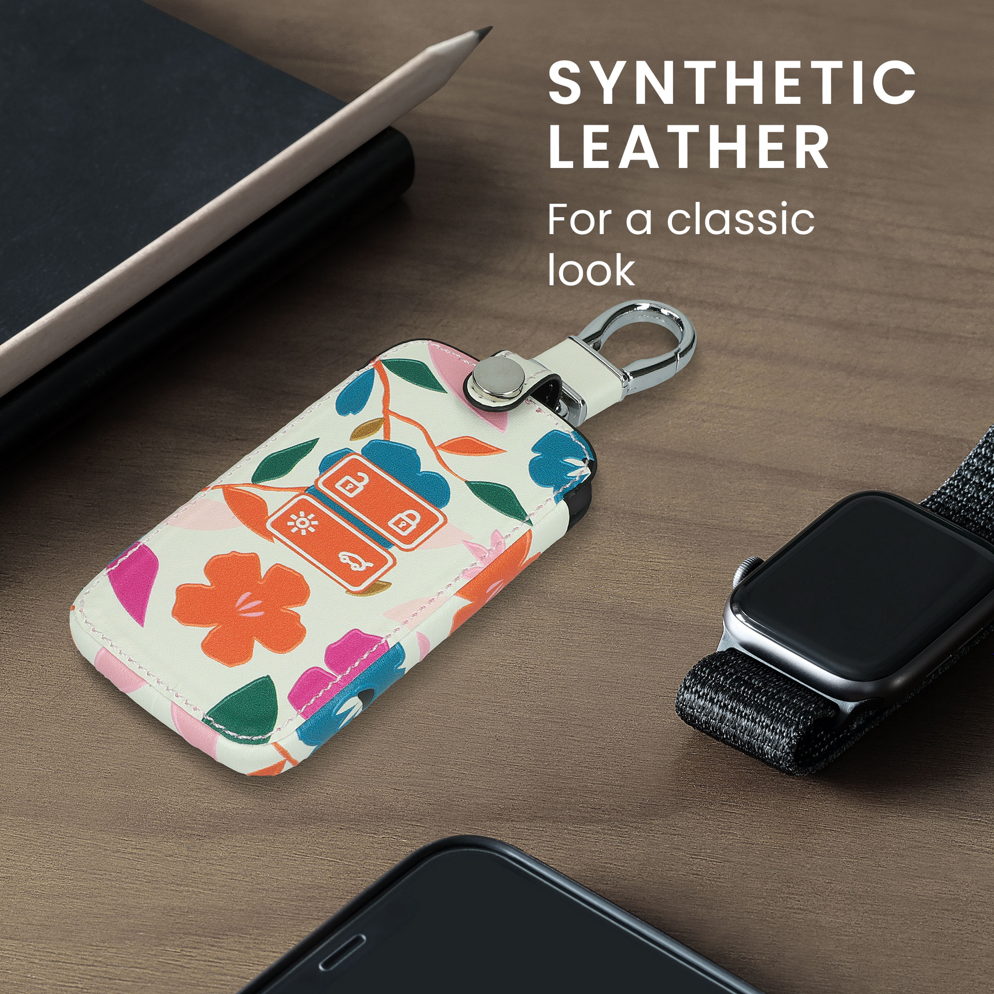 Obal ze syntetické kůže na klíč Renault Key Card se 4 tlačítky (Keyless Go), protiskluzový kwmobile ‑ tmavě růžová / tmavě modrá / krémová