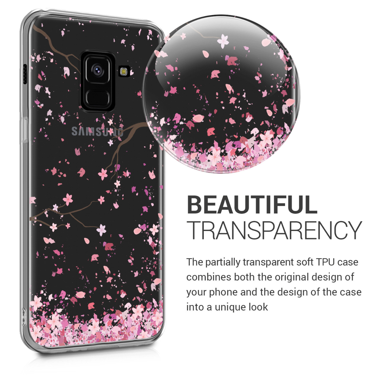 Čirý kryt na mobil Samsung Galaxy A8 (2018) kwmobile Cherry Blossoms růžovo-tmavě hnědo-transparentní