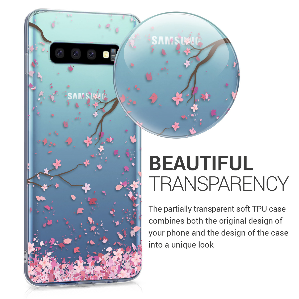 Čirý kryt na mobil Samsung Galaxy S10 kwmobile Cherry Blossoms růžovo-tmavě hnědo-transparentní