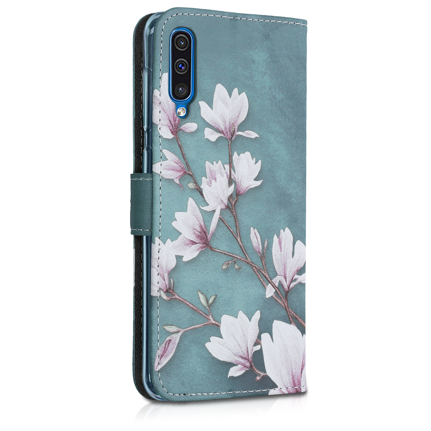 Peněženkové pouzdro pro Samsung Galaxy A50 kwmobile - motiv magnólie taupe / bílá / modrošedá