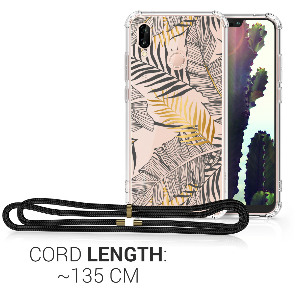 Crossbody kryt kwmobile Huawei P20 Lite, žluté palmové listy / šedá / transparentní