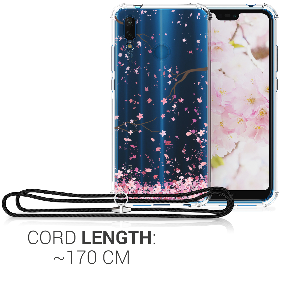 Crossbody kryt kwmobile Huawei P20 Lite, růžové květy / tmavě hnědá / transparentní