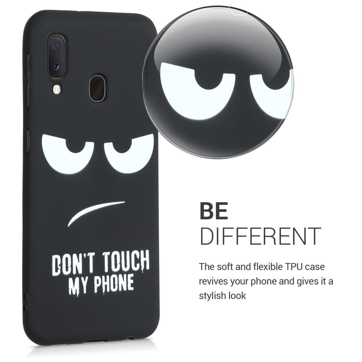 Kryt na mobil Samsung Galaxy A20e kwmobile Motiv Don't Touch My Phone bílo-černý
