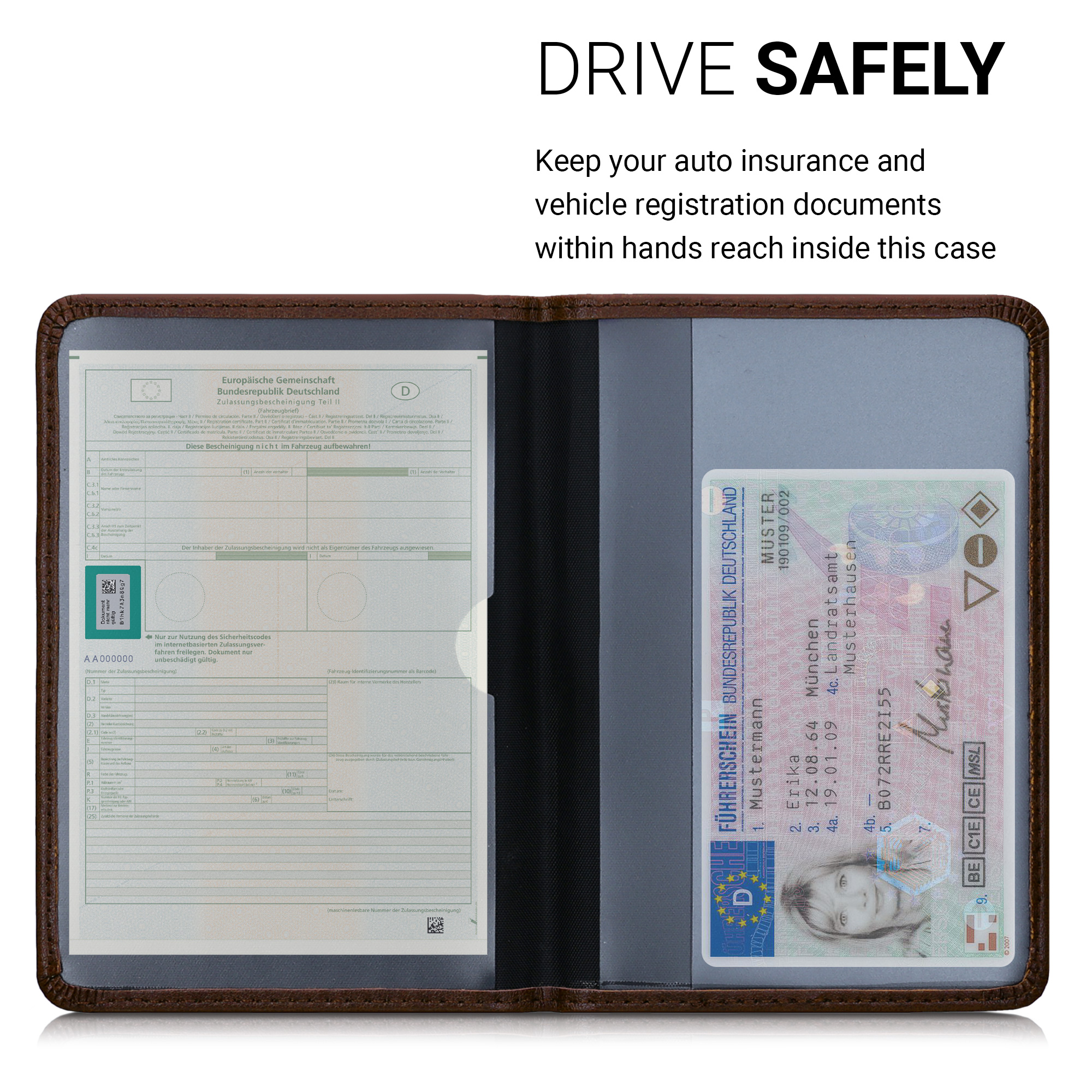 Obal na doklady od auta kwmobile PU kůže - 12 × 17,5 cm otevřené / 9,2 × 13 cm složené - tmavě hnědá