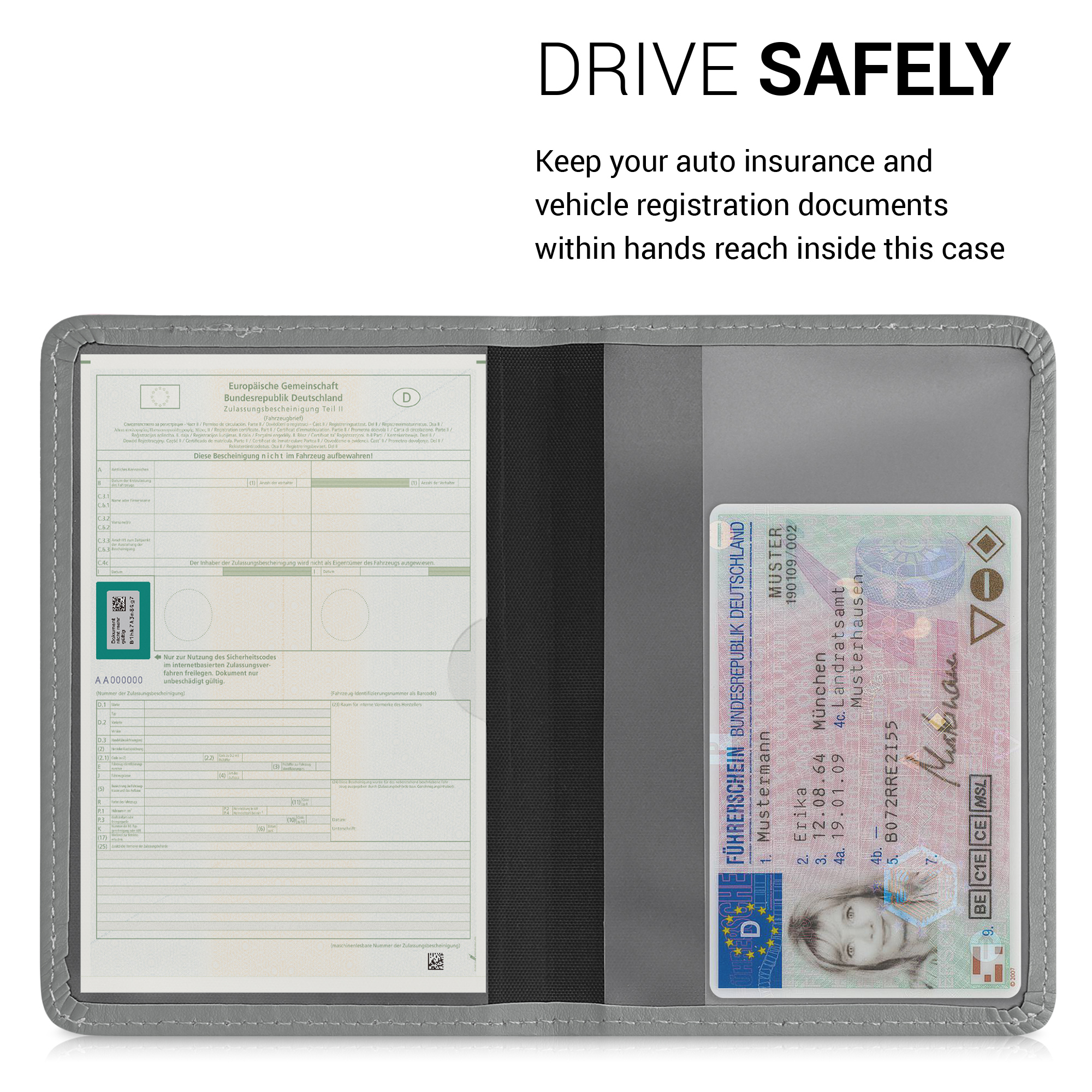 Obal na doklady od auta kwmobile PU kůže - 12 × 17,5 cm otevřené / 9,2 × 13 cm složené - světle šedá