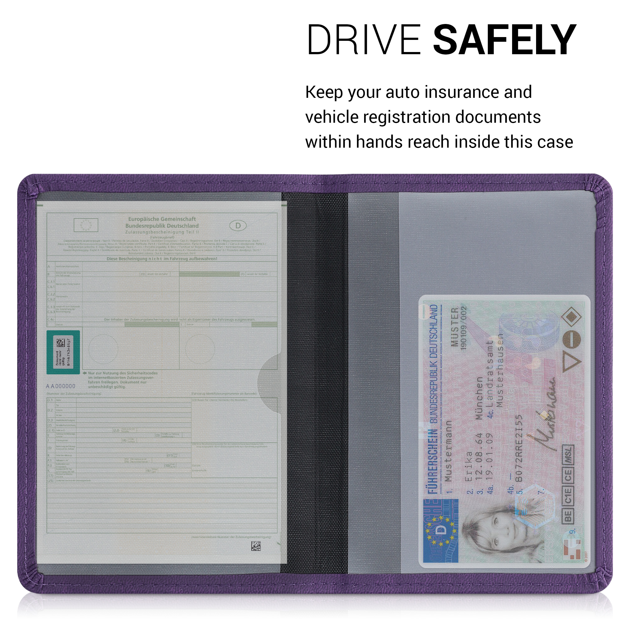 Obal na doklady od auta kwmobile PU kůže - 12 × 17,5 cm otevřené / 9,2 × 13 cm složené - fialová