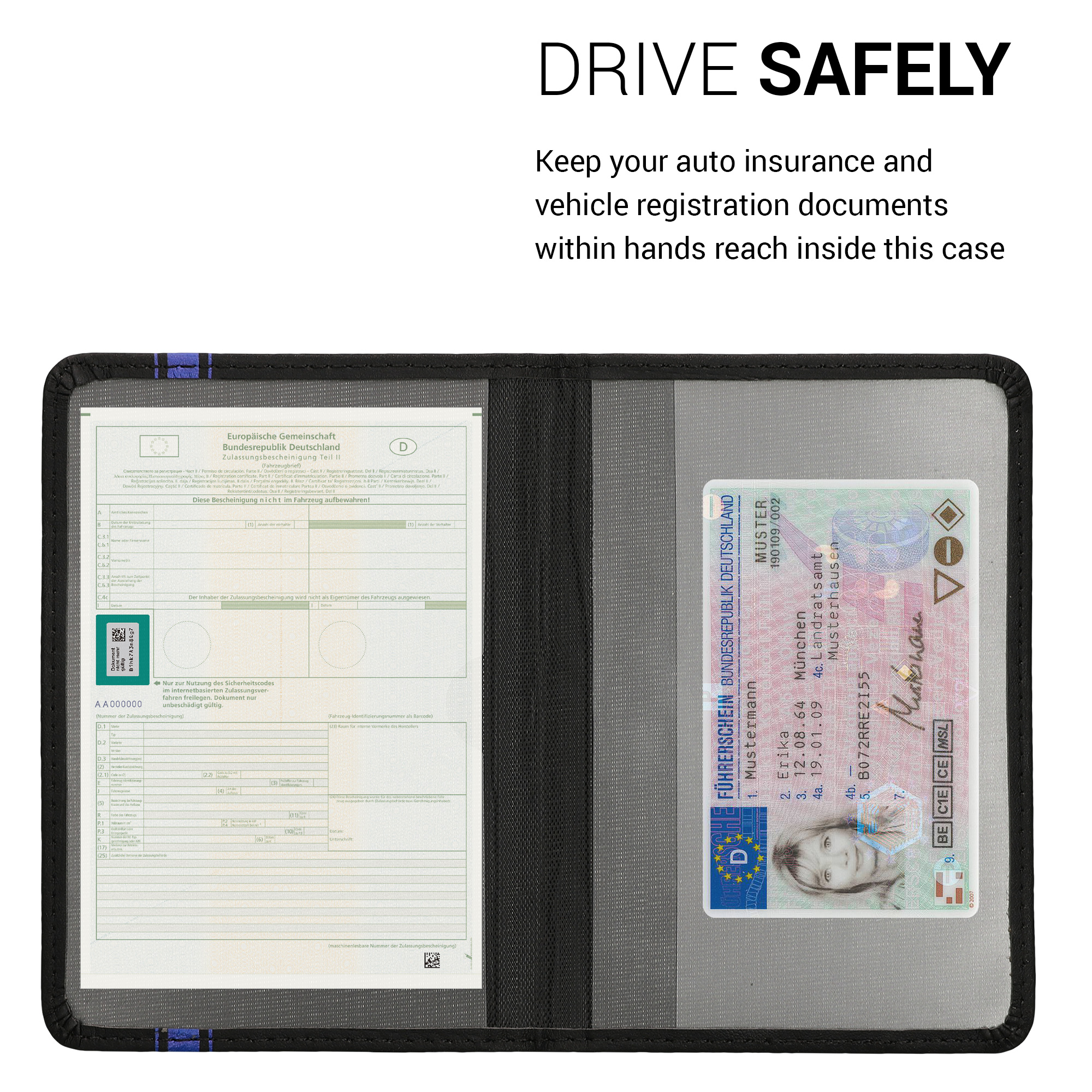 Obal na doklady od auta kwmobile PU kůže - 12 × 17,5 cm otevřené / 9,2 × 13 cm složené - modrá / černá