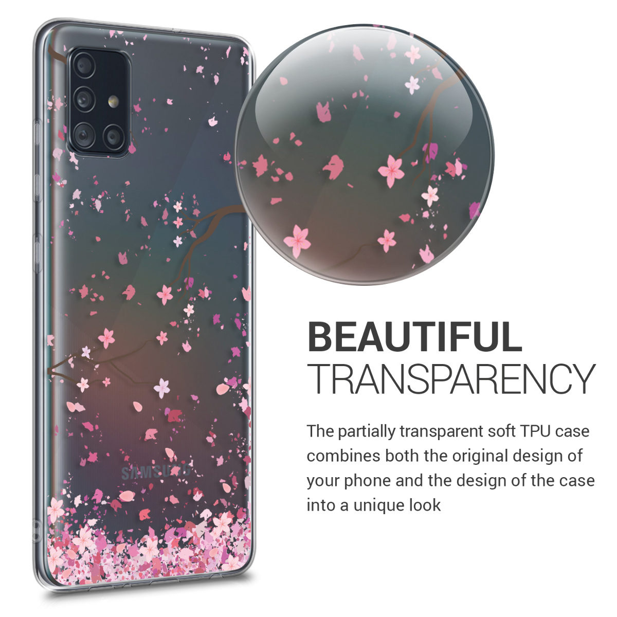 Průhledný kryt na mobil Samsung Galaxy A51 kwmobile motiv Cherry Blossoms Cherry Blossoms - růžová / tmavě hnědá / transparentní