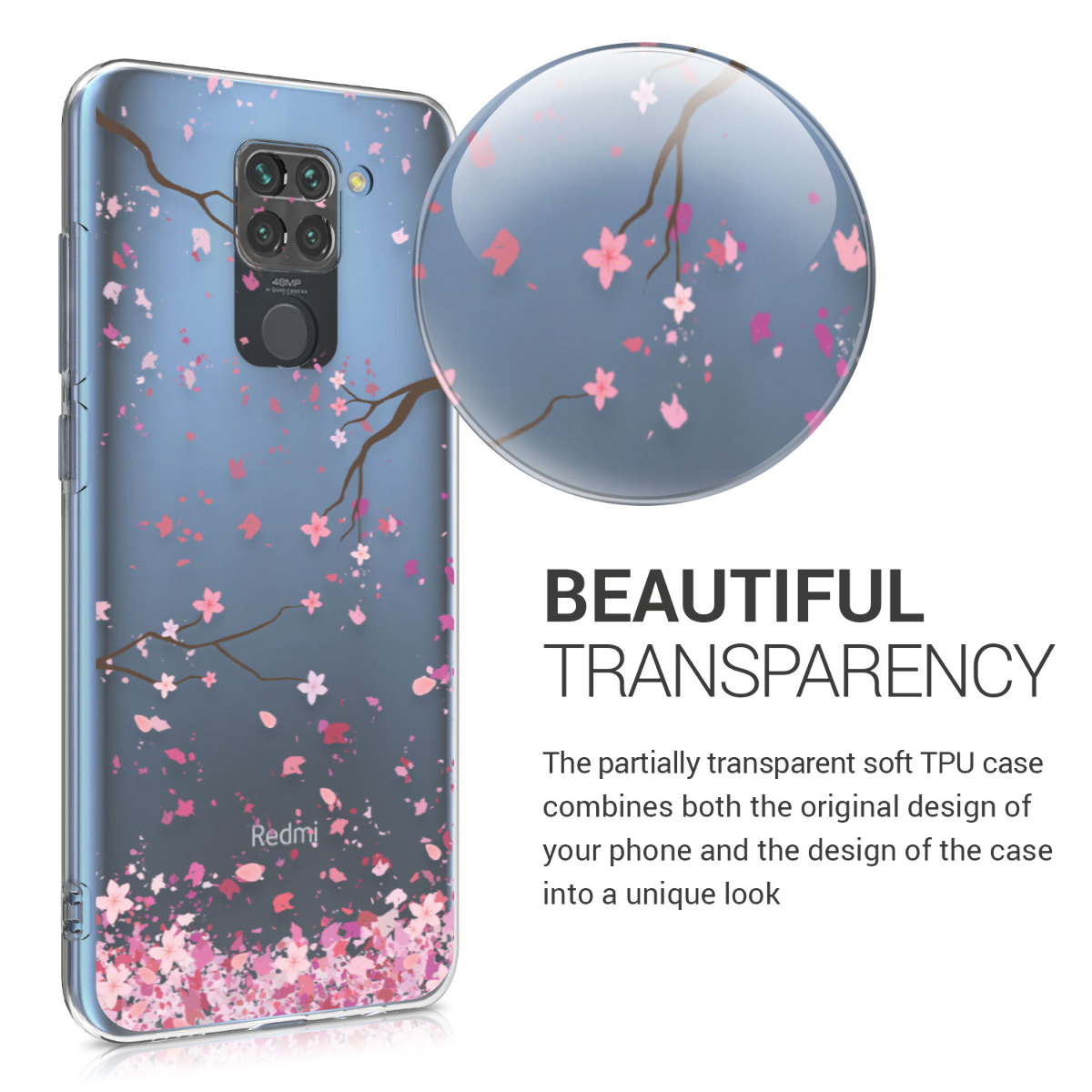 Transparentní TPU kryt kwmobile pro Xiaomi Redmi Note 9 - růžové květy / tmavě hnědá / transparentní
