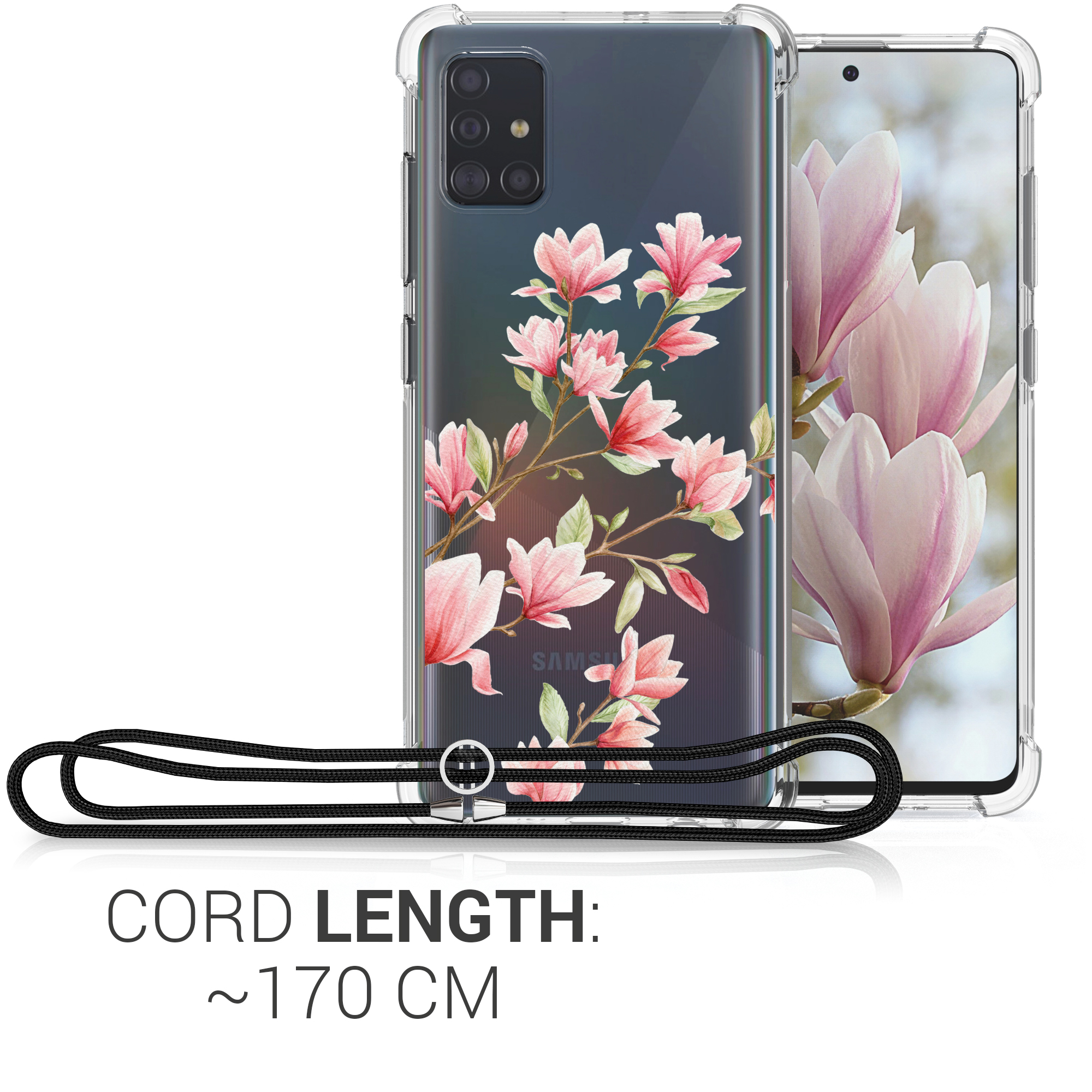 Pouzdro s popruhem (crossbody) pro Samsung Galaxy A51 kwmobile - motiv magnólie růžová / bílá / transparentní