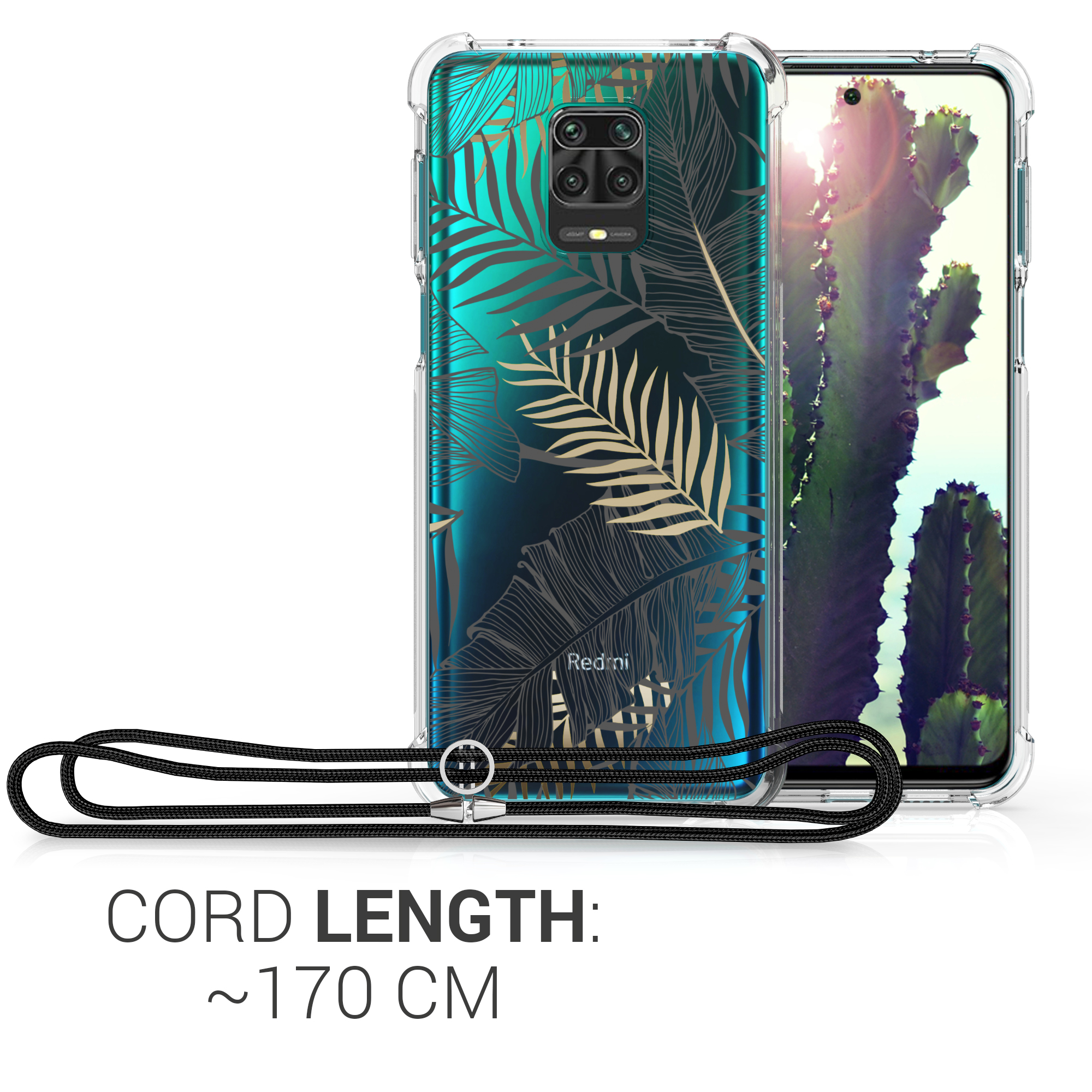 Crossbody kryt kwmobile pro Xiaomi Redmi Note 9S / 9 Pro / 9 Pro Max - zlaté palmové listy / šedá / transparentní