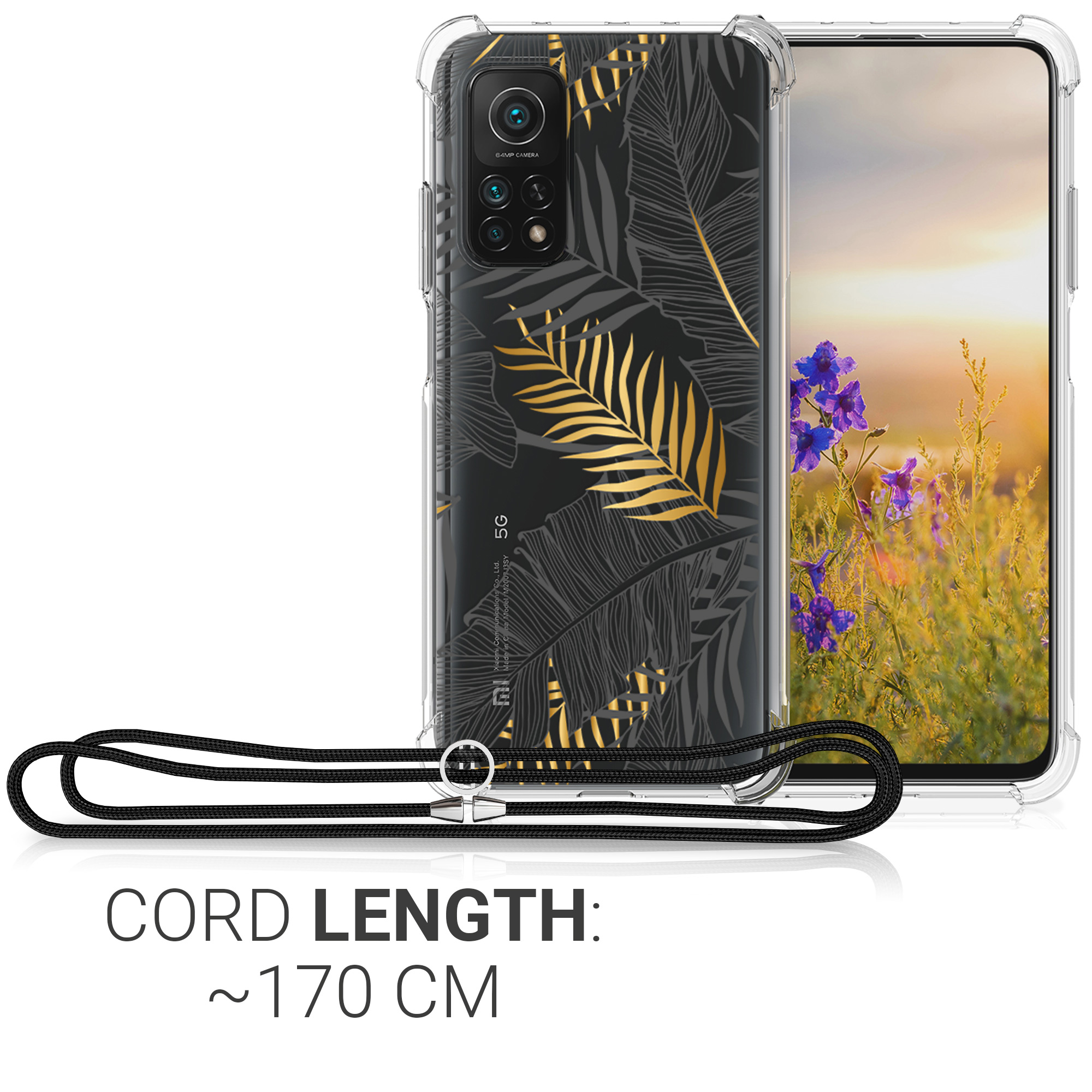 Crossbody kryt kwmobile Xiaomi Mi 10T / Mi 10T Pro, zlaté palmové listy / šedá / transparentní