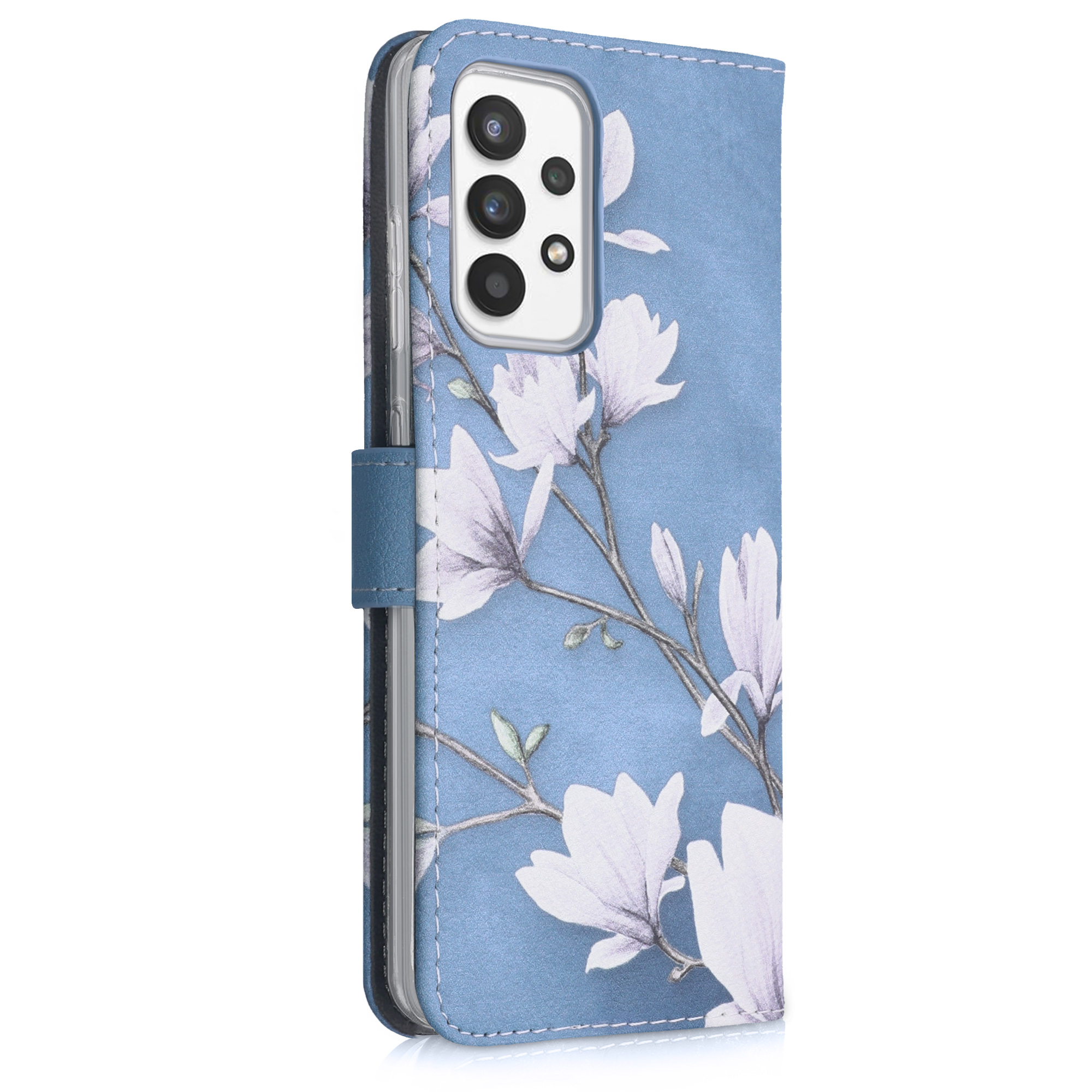Wallet pouzdro peněženka Samsung Galaxy A52 / A52 5G / A52s 5G kwmobile Magnolias Magnolias - taupe / bílá / modrošedá