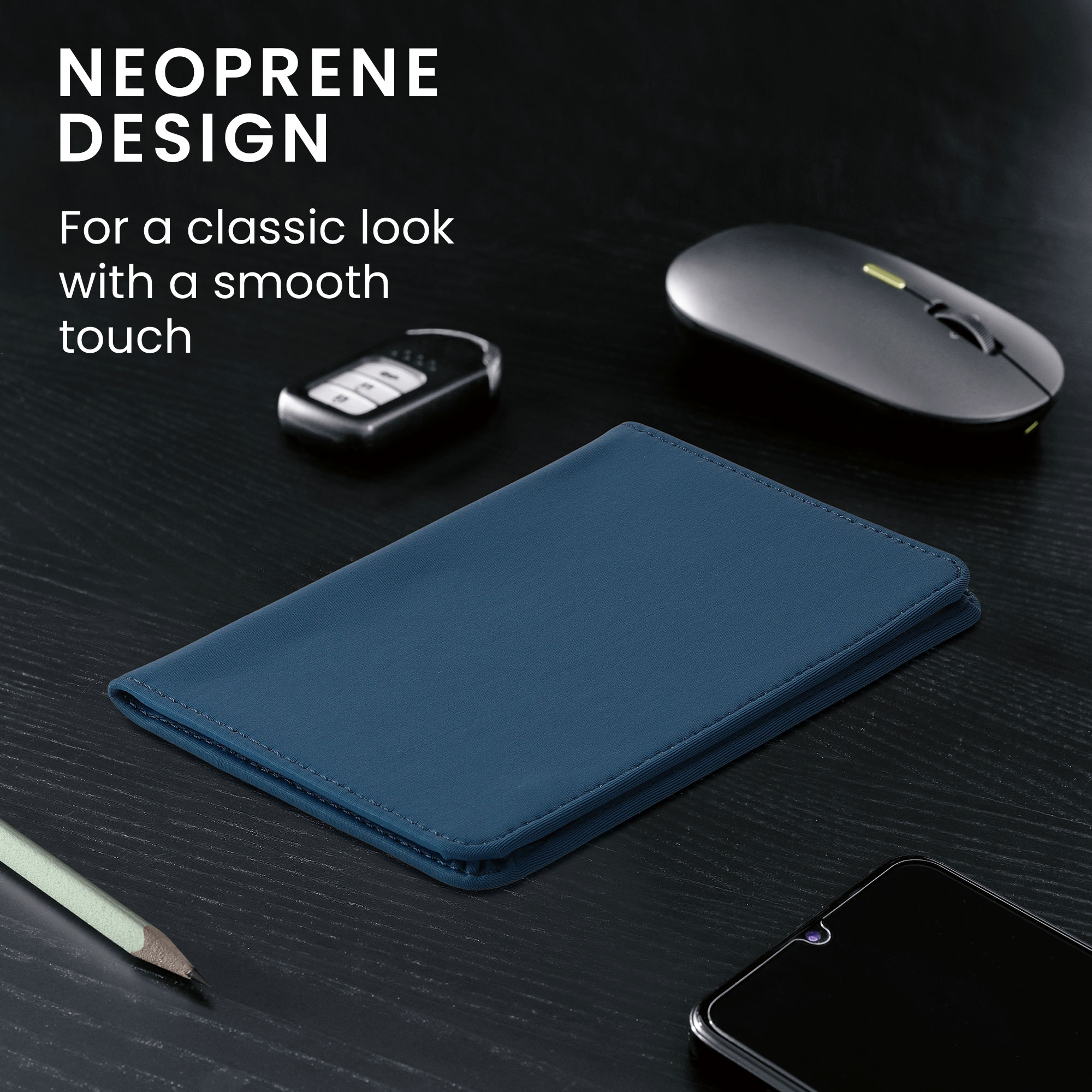 Obal na doklady od auta kwmobile neopren - 12 × 17,5 cm otevřené / 9,2 × 13 cm složené - námořnická modrá