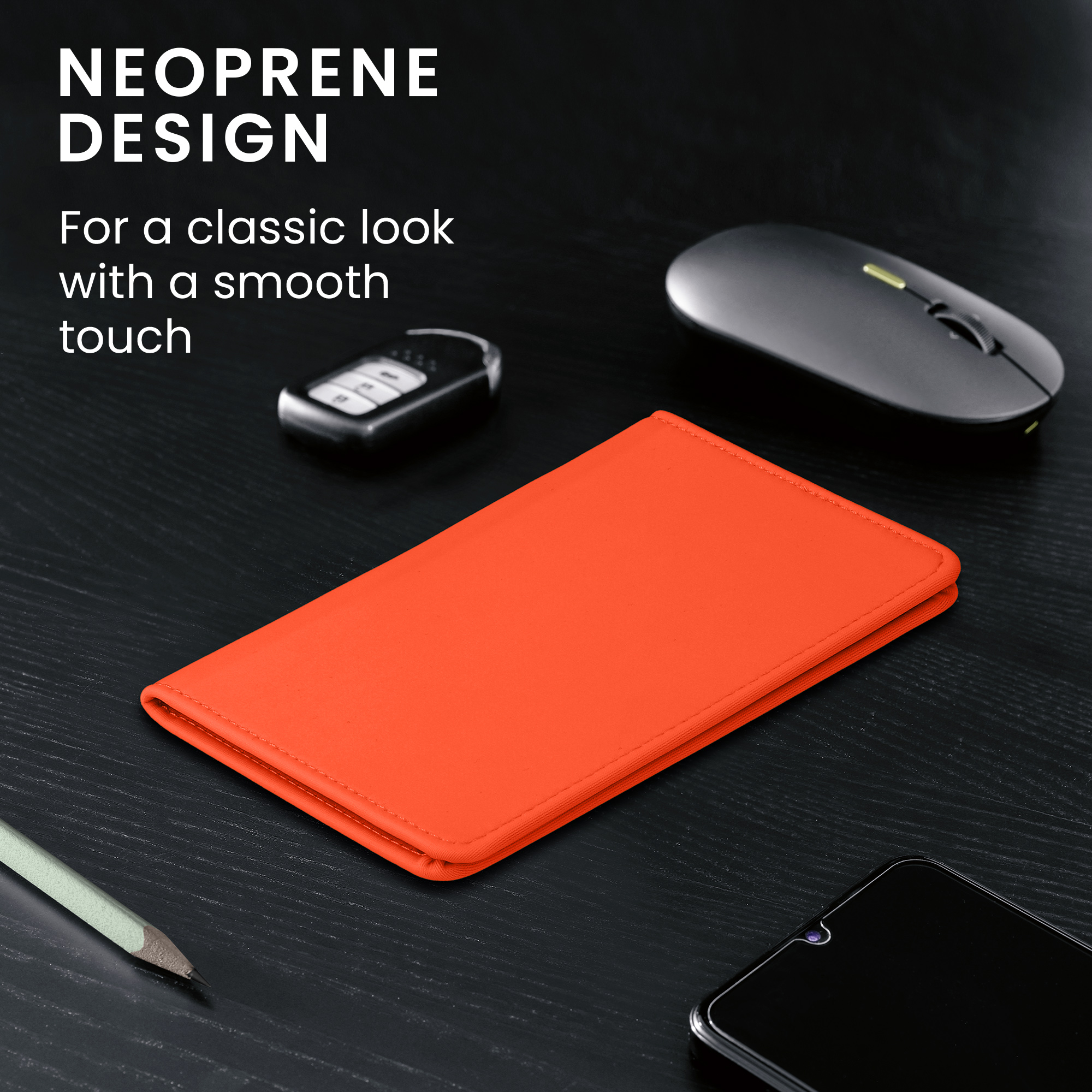 Obal na doklady od auta kwmobile neopren - 12 × 17,5 cm otevřené / 9,2 × 13 cm složené - neonově oranžová