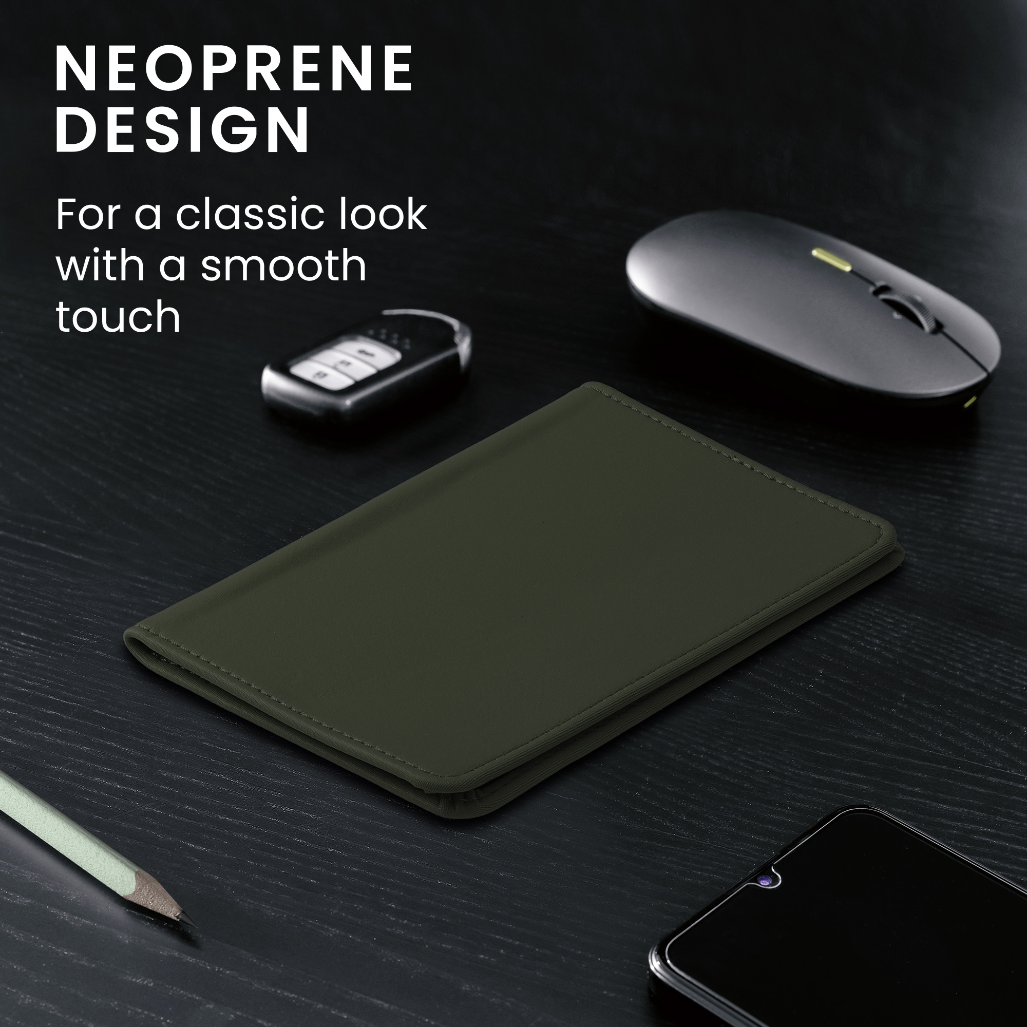 Obal na doklady od auta kwmobile neopren - 12 × 17,5 cm otevřené / 9,2 × 13 cm složené - tmavě zelená