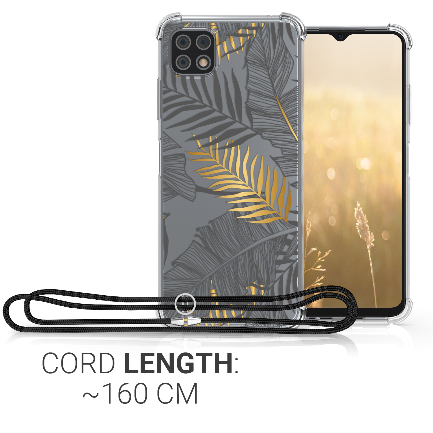 Crossbody kryt na mobil Samsung Galaxy A22 5G kwmobile se šňůrkou Palm Leaves - zlatá
