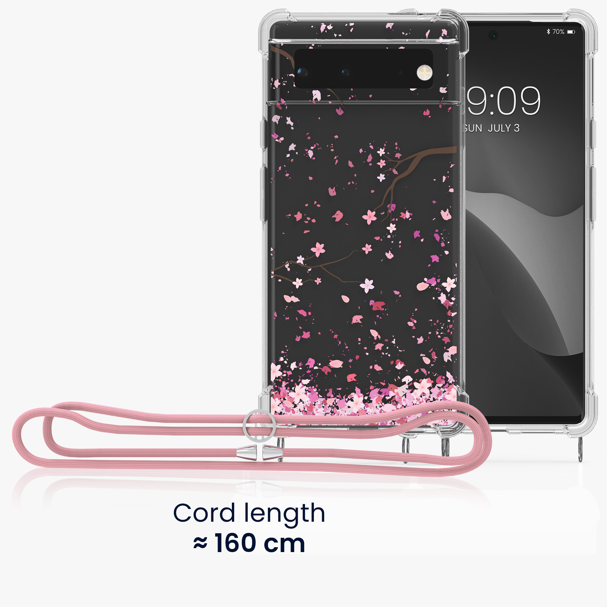 Crossbody kryt kwmobile pro Google Pixel 6 - třešňové květy růžová / tmavě hnědá / transparentní