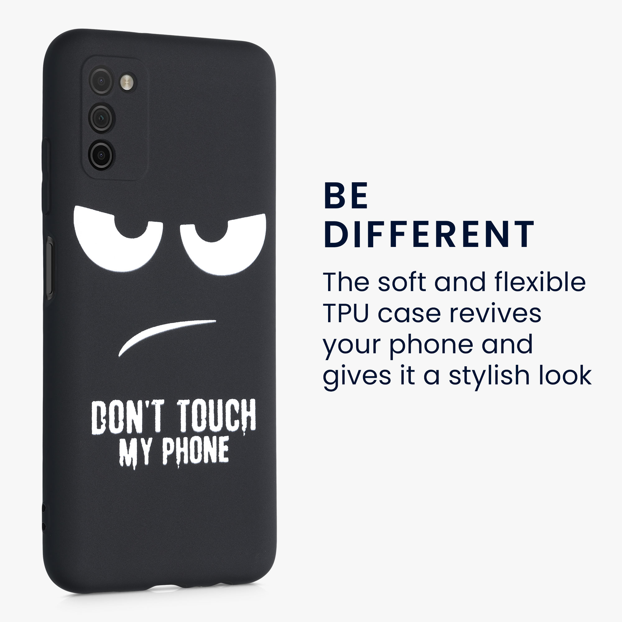 Kryt na mobil Samsung Galaxy A03s kwmobile Motiv Don't Touch My Phone bílo-černý