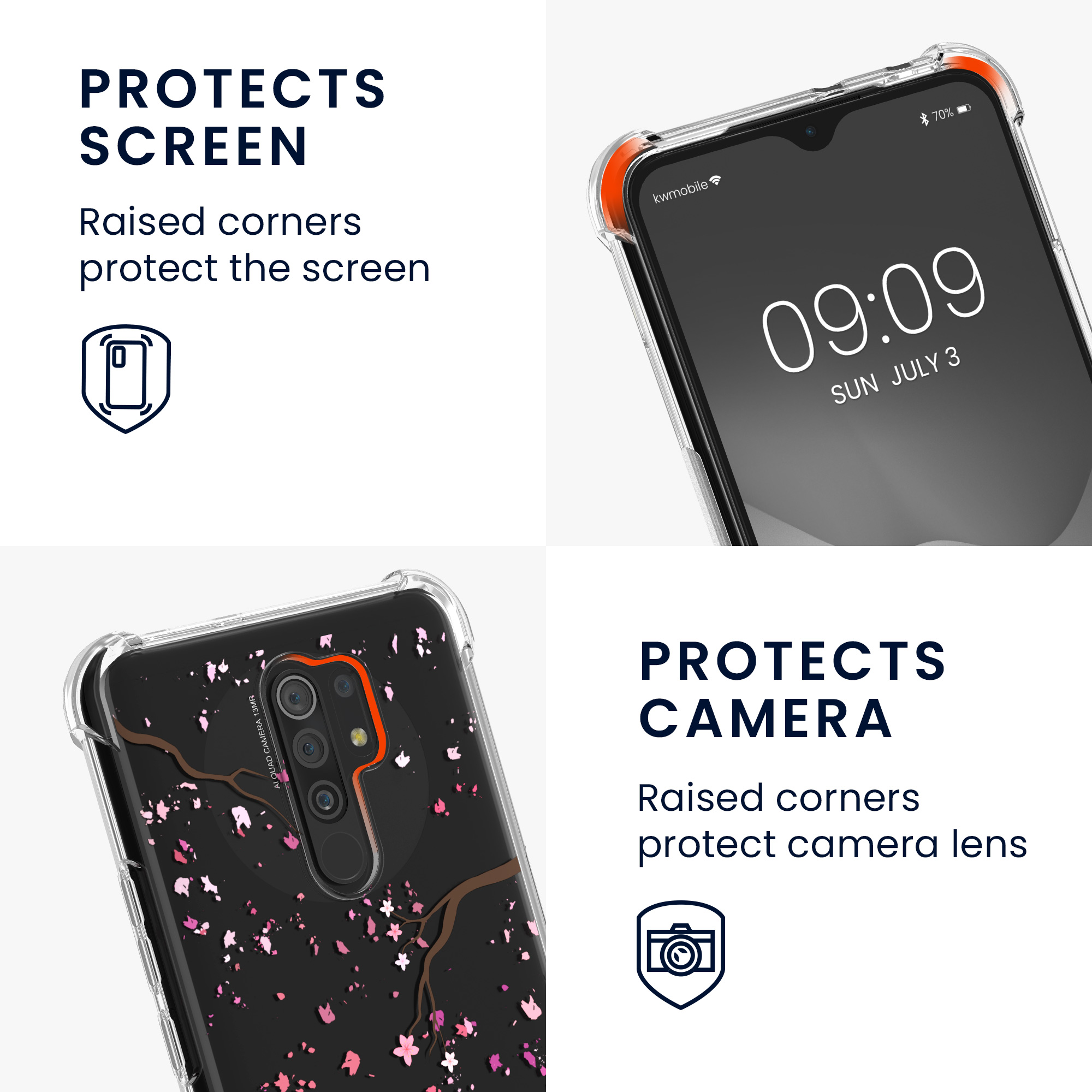 Kryt Xiaomi Redmi 9 crossbody popruh třešňové květy - růžová/tmavě hnědá kwmobile