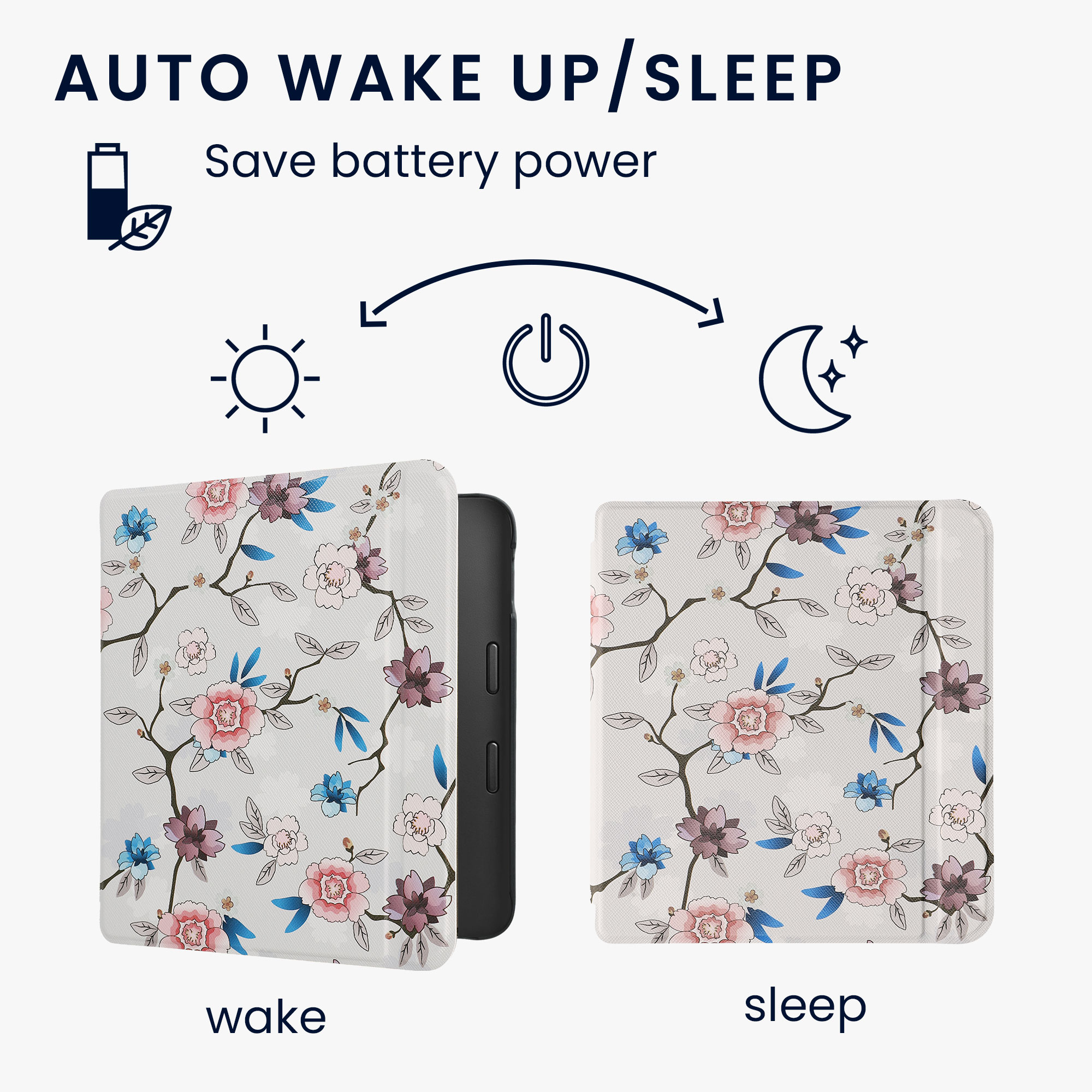 Obal pro Kobo Libra 2 kwmobile - motiv listy a květy s bílá / růžová / modrá