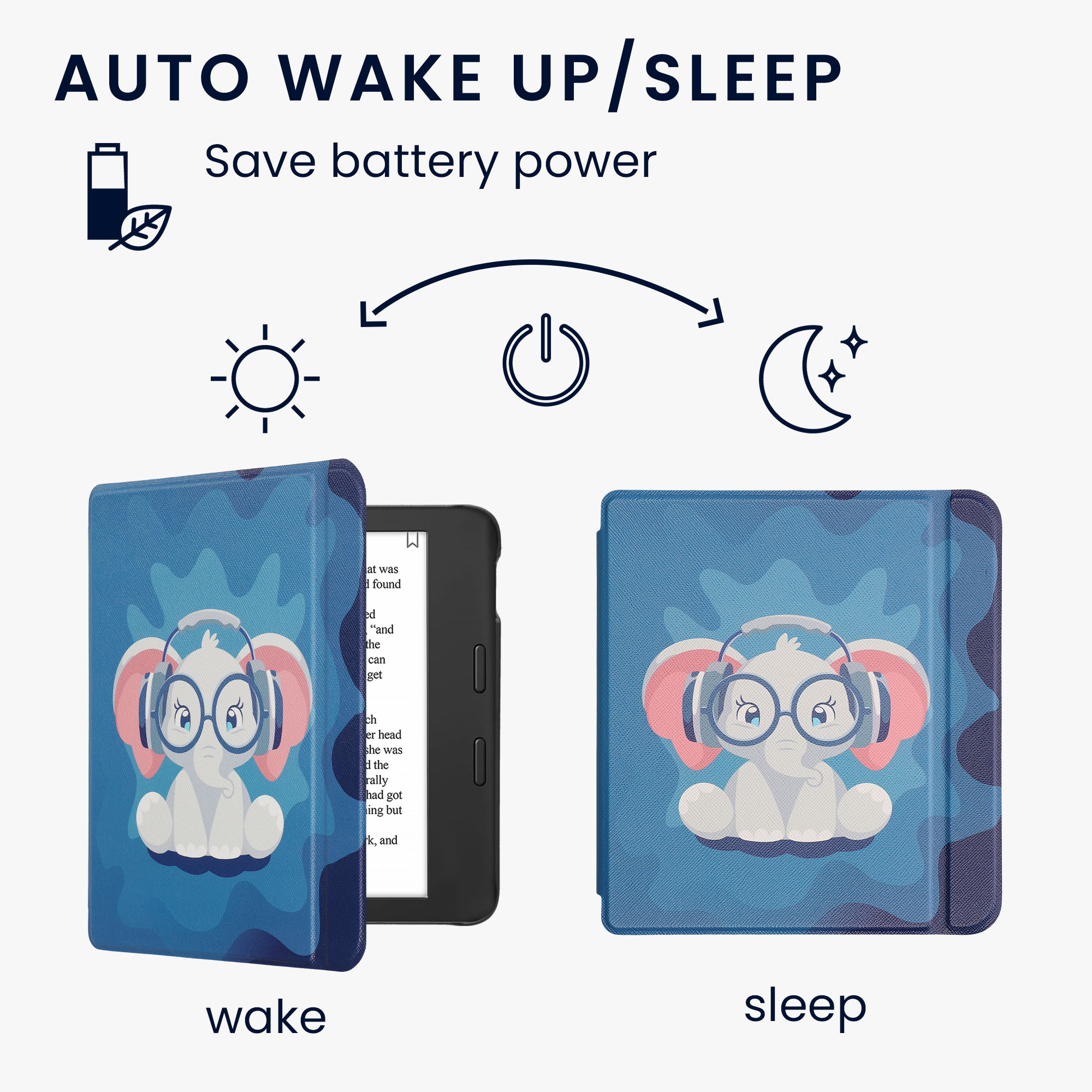 Pouzdro na čtečku kwmobile pro Tolino Vision 6 - motiv Cute Elephant, světle modrá / tmavě modrá / šedá