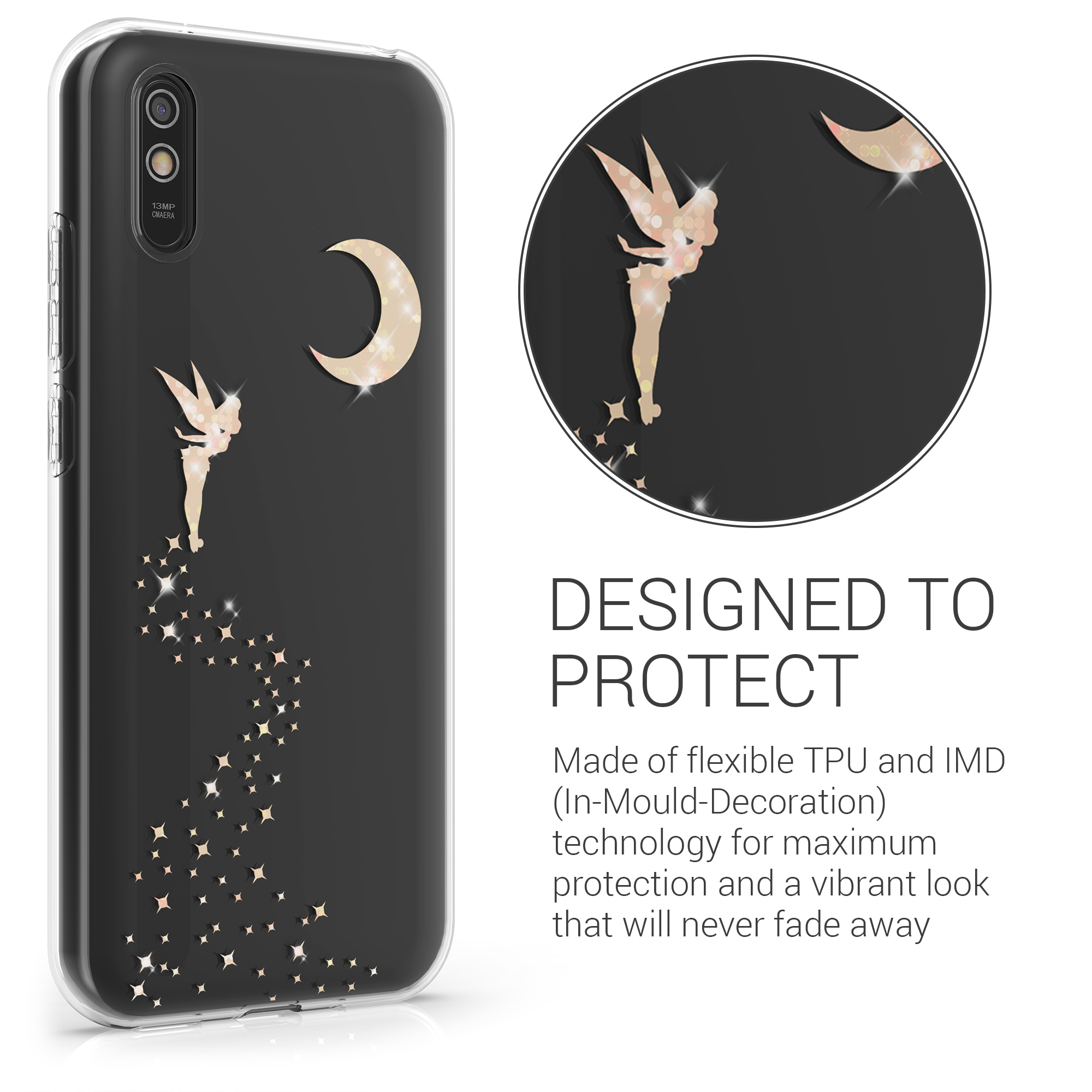 TPU Pouzdro pro Xiaomi Redmi 9A / 9AT kwmobile - glitrová víla růžové zlato / transparentní