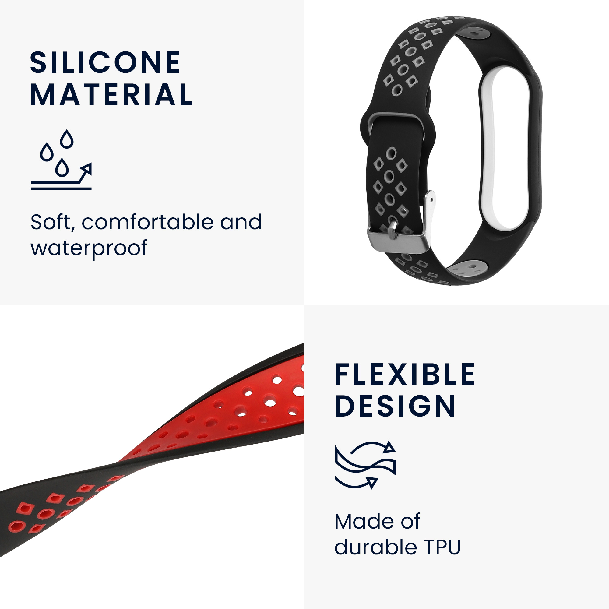 Silikonové řemínky pro Xiaomi Mi Smart Band 6 / Mi Band 6 / Band 5, 2 ks kwmobile ‑ černá / šedá / černá / červená