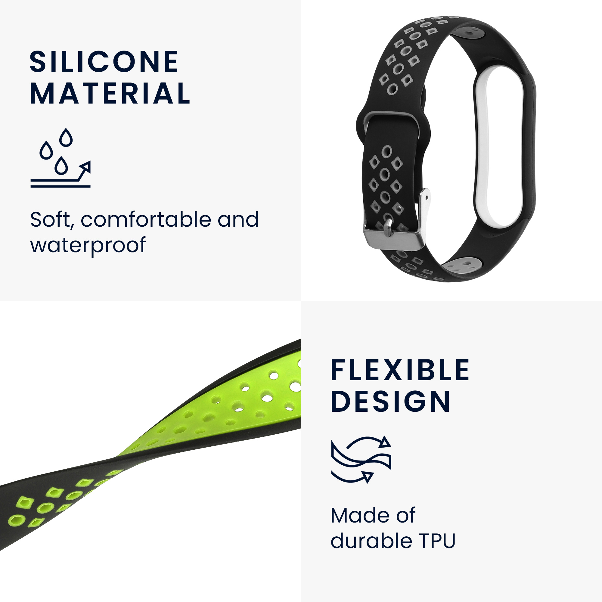 Řemínky pro Xiaomi Mi Smart Band 6 / Mi Band 6 / Band 5 kwmobile silikonové - černá / šedá / černá / zelená