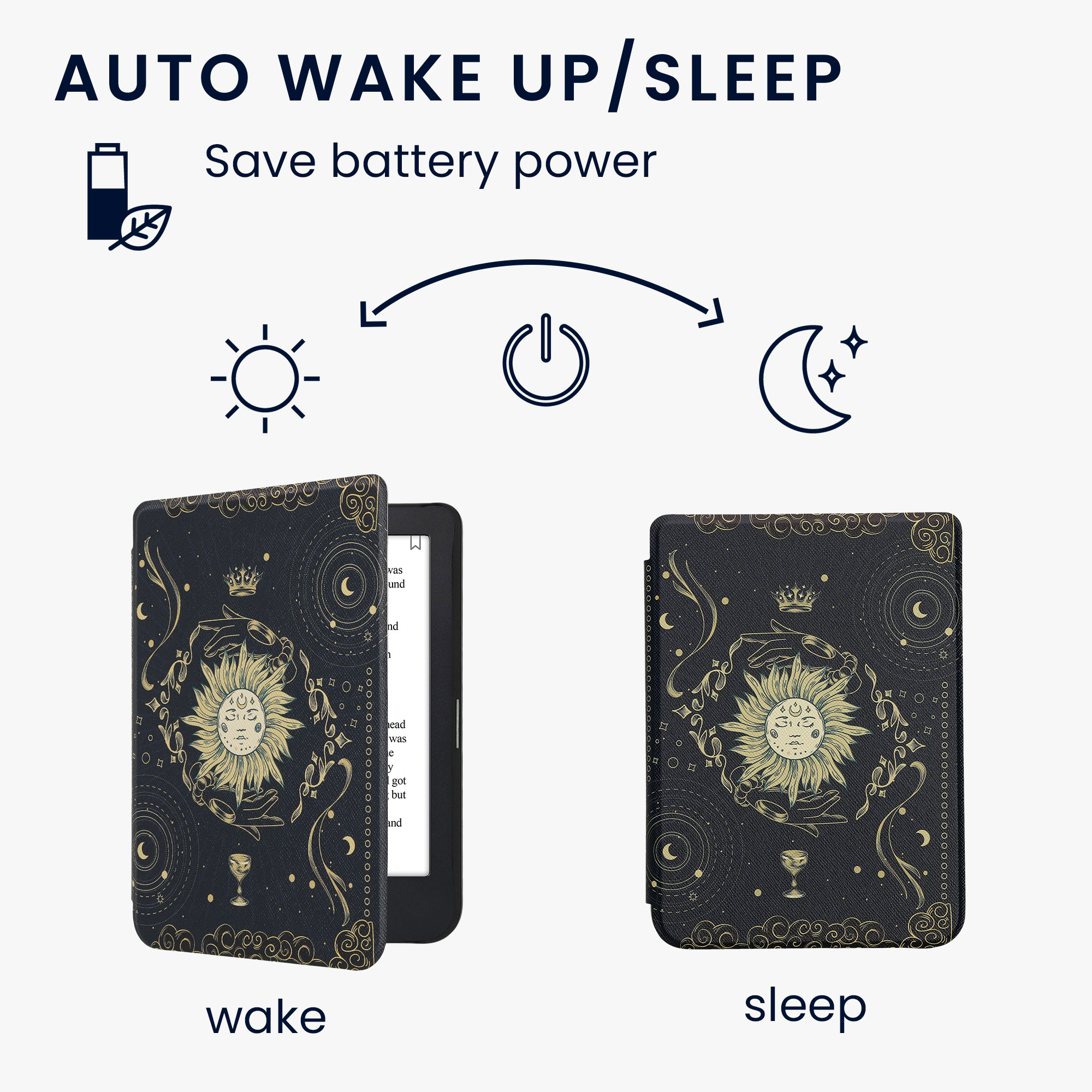 Flip pouzdro na čtečku s magnetem Kobo Clara 2E/Tolino Shine 4 Tarot Card tmavě modro-žluto-černé