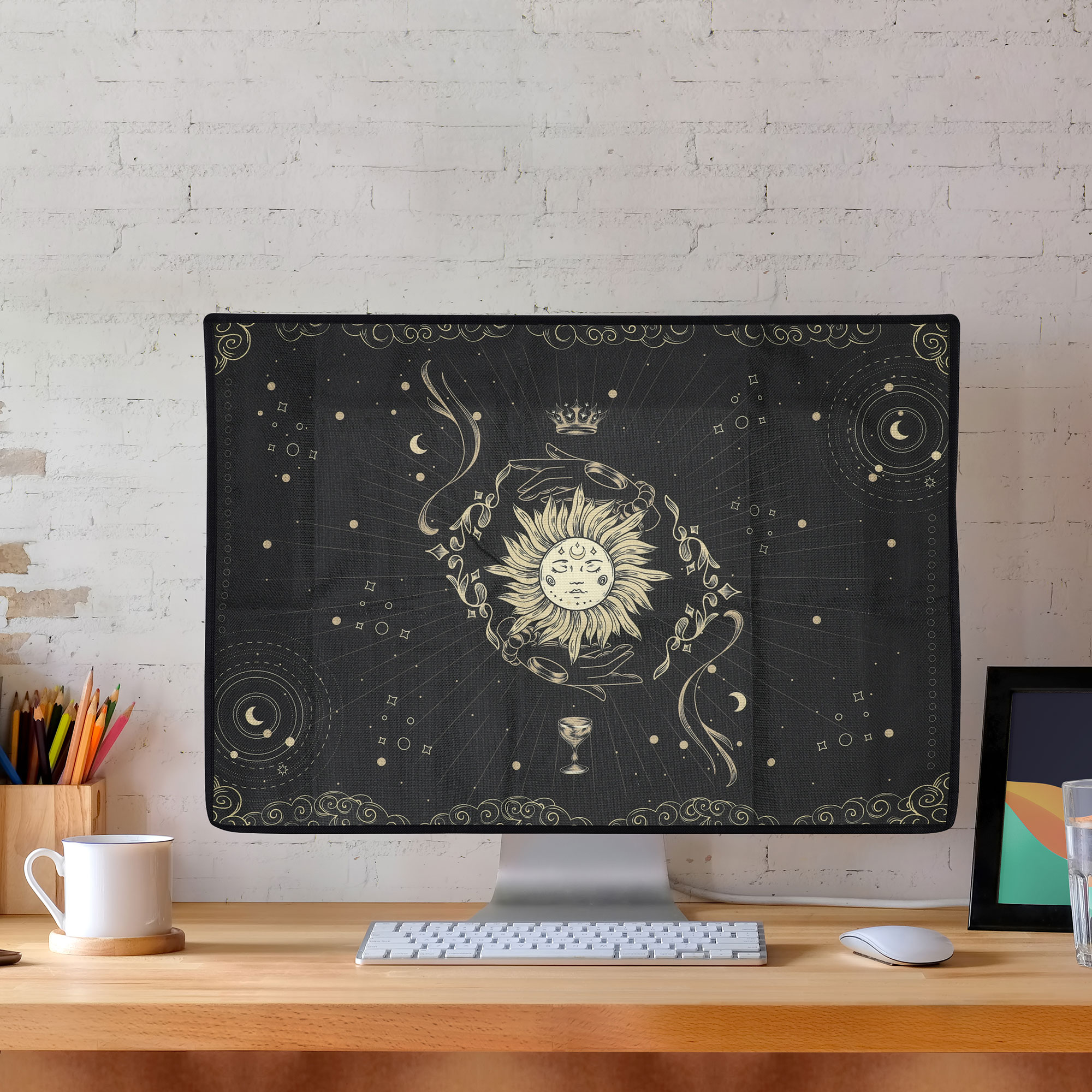 Ochranný kryt proti prachu pro 20-22" monitor kwmobile - motiv tarotová karta tmavě modrá / žlutá / černá