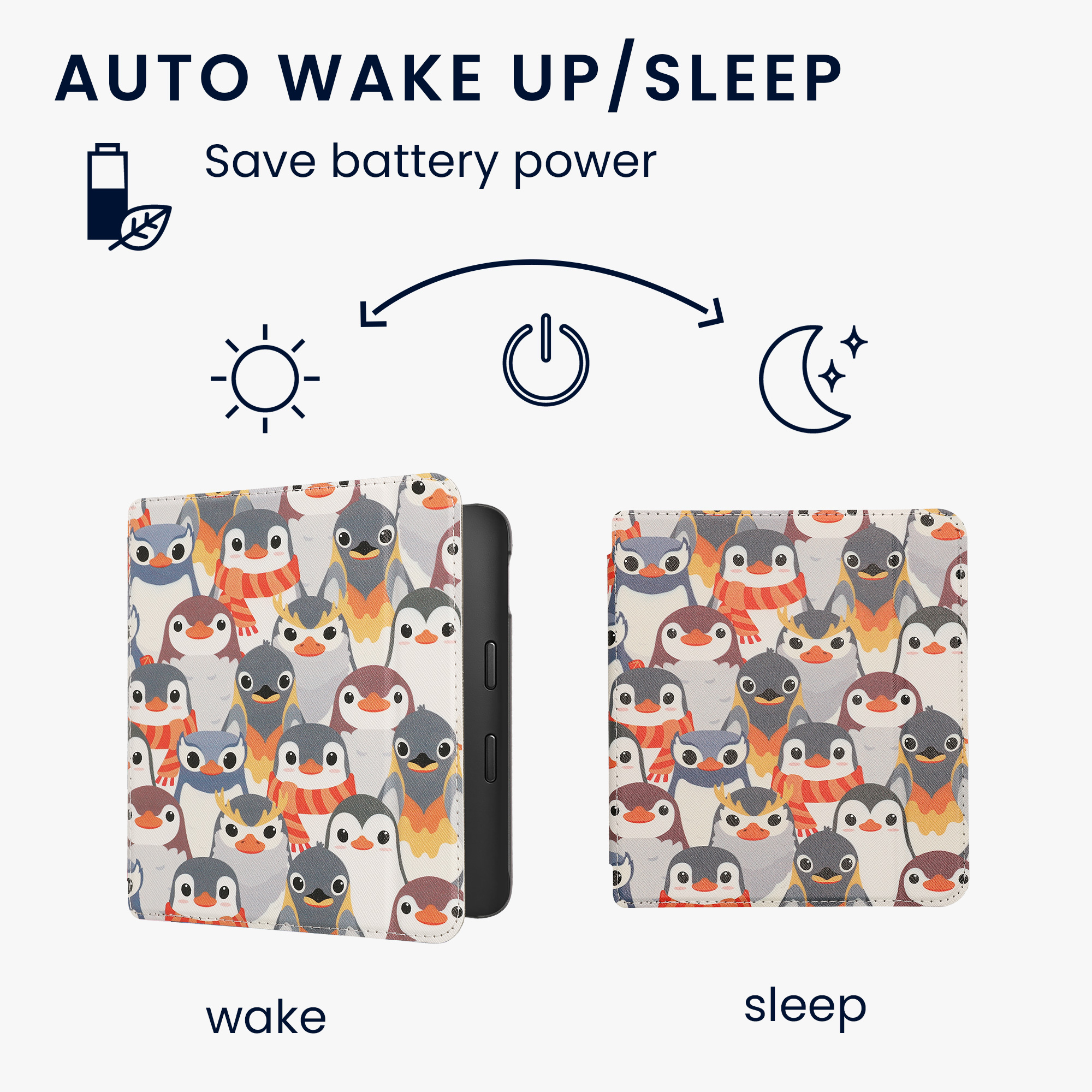 kwmobile pouzdro na čtečku Kobo Libra 2, Penguins with šedá / žlutá / hnědá