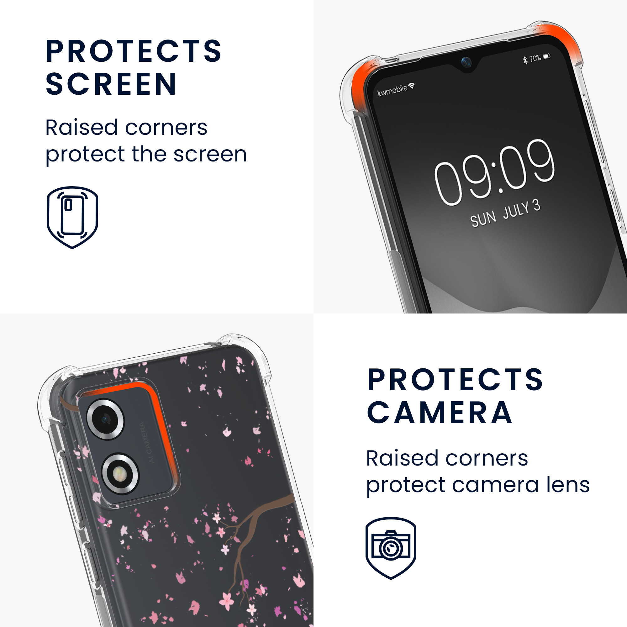 Kryt s popruhem kwmobile pro Motorola Moto E13 - Růžové třešňové květy / tmavě hnědá / transparentní