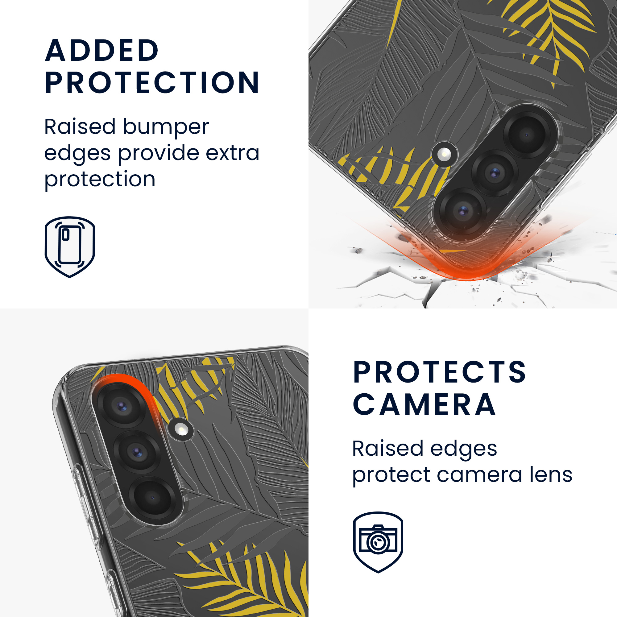 Průhledný kryt na mobil Samsung Galaxy A56 5G kwmobile motiv Palm Leaves Palm Leaves - žlutá / šedá / transparentní