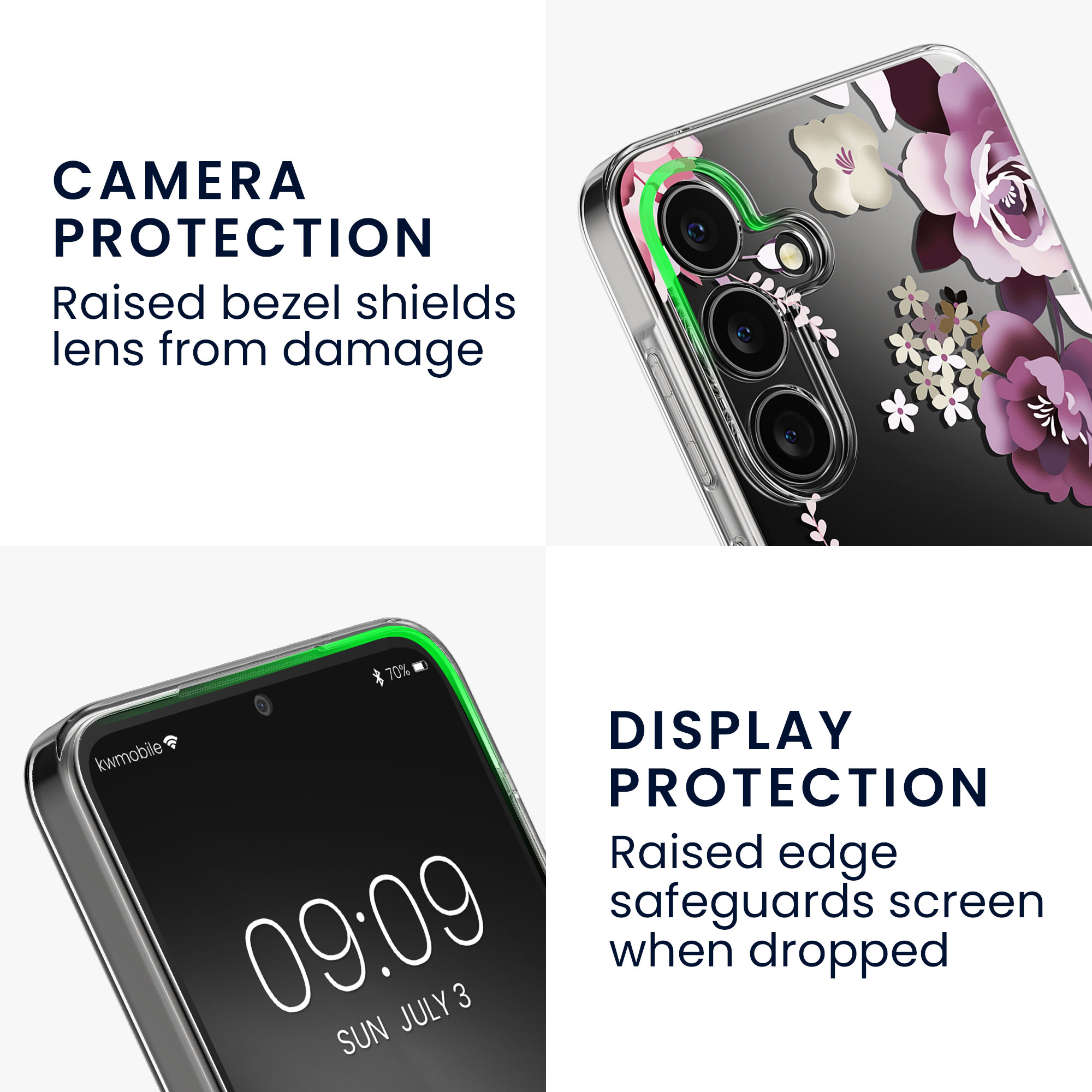 Čiré pouzdro s ochranným sklem pro Samsung Galaxy A55 5G kwmobile - motiv kytice pastelová fialová / transparentní