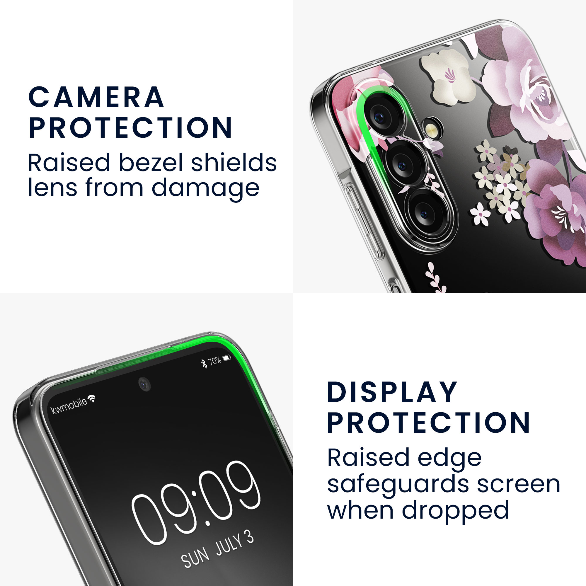 Čirý TPU kryt pro Samsung Galaxy A27 5G + ochranné sklo kwmobile ‑ kytice, pastelově fialová / čirá