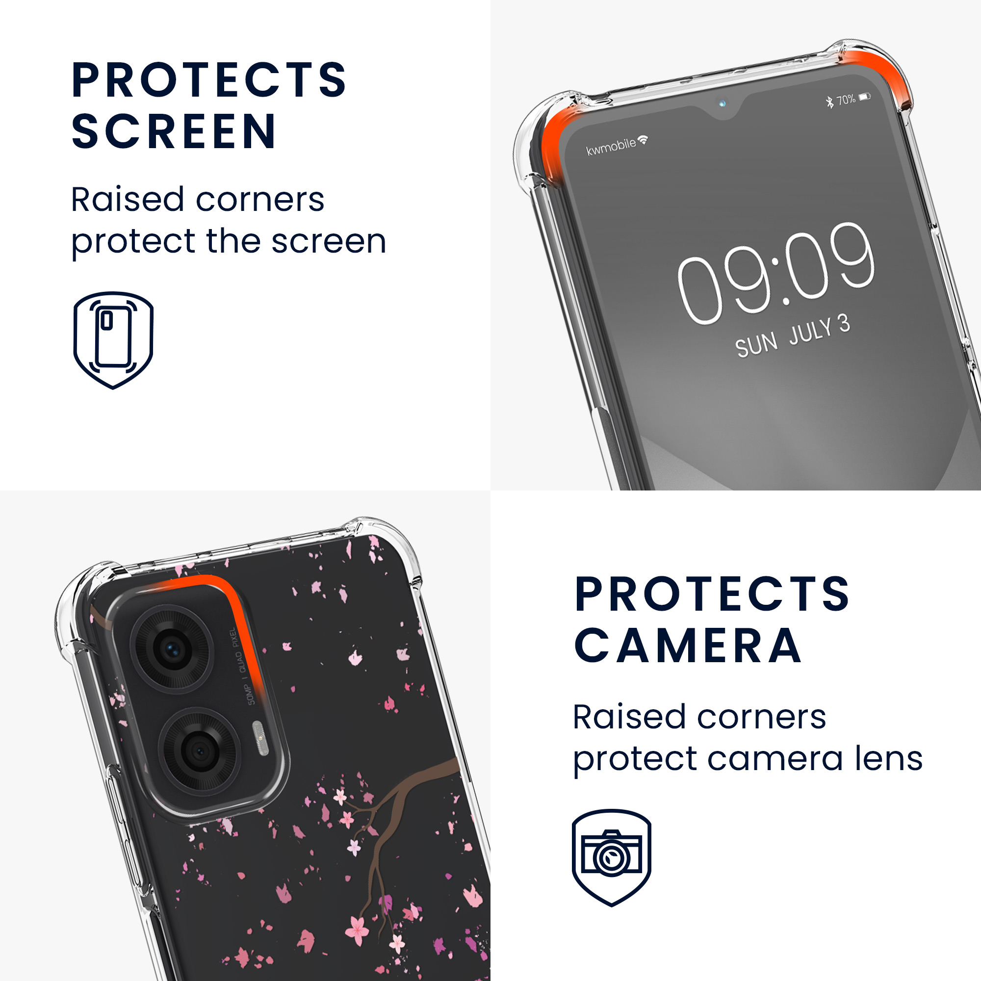 Kryt s popruhem kwmobile pro Motorola Moto G24 / E14 / G04 / G04s - Růžové třešňové květy / tmavě hnědá / transparentní