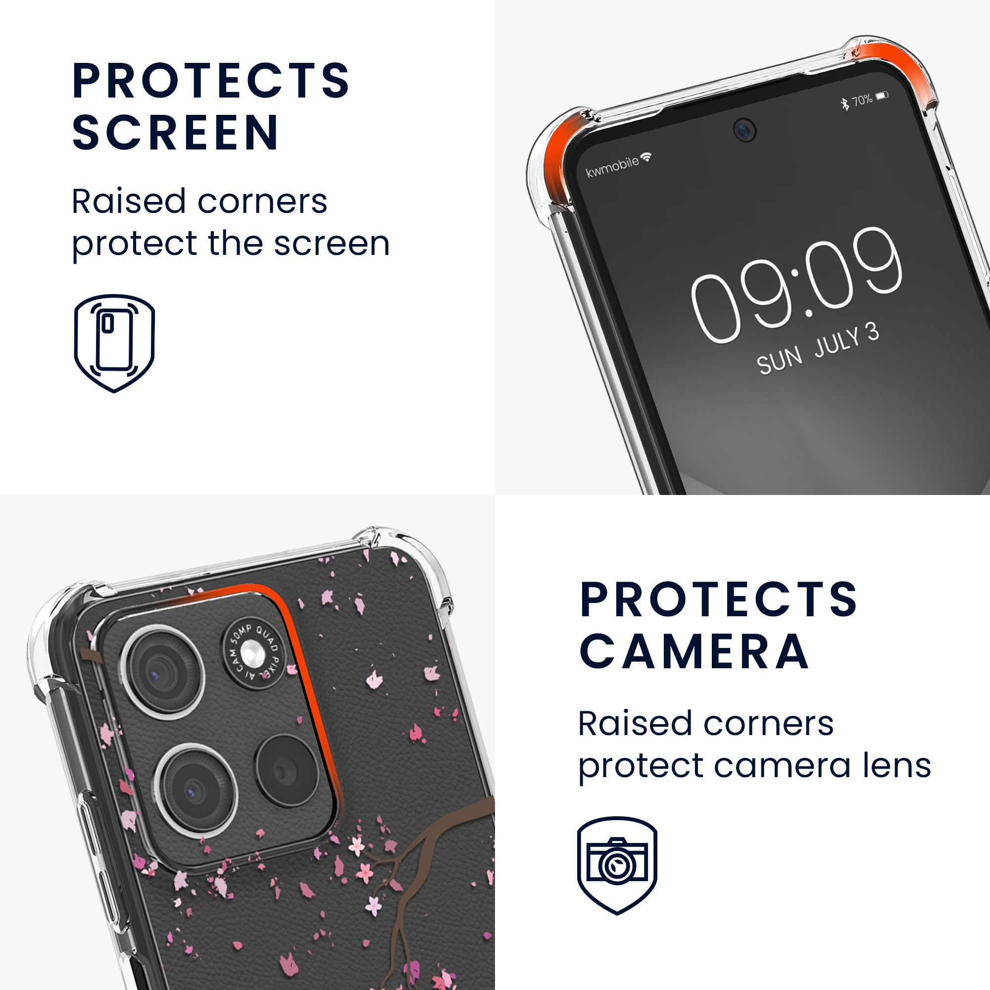 Kryt s popruhem kwmobile pro Motorola Moto G15 - Růžové třešňové květy / tmavě hnědá / transparentní