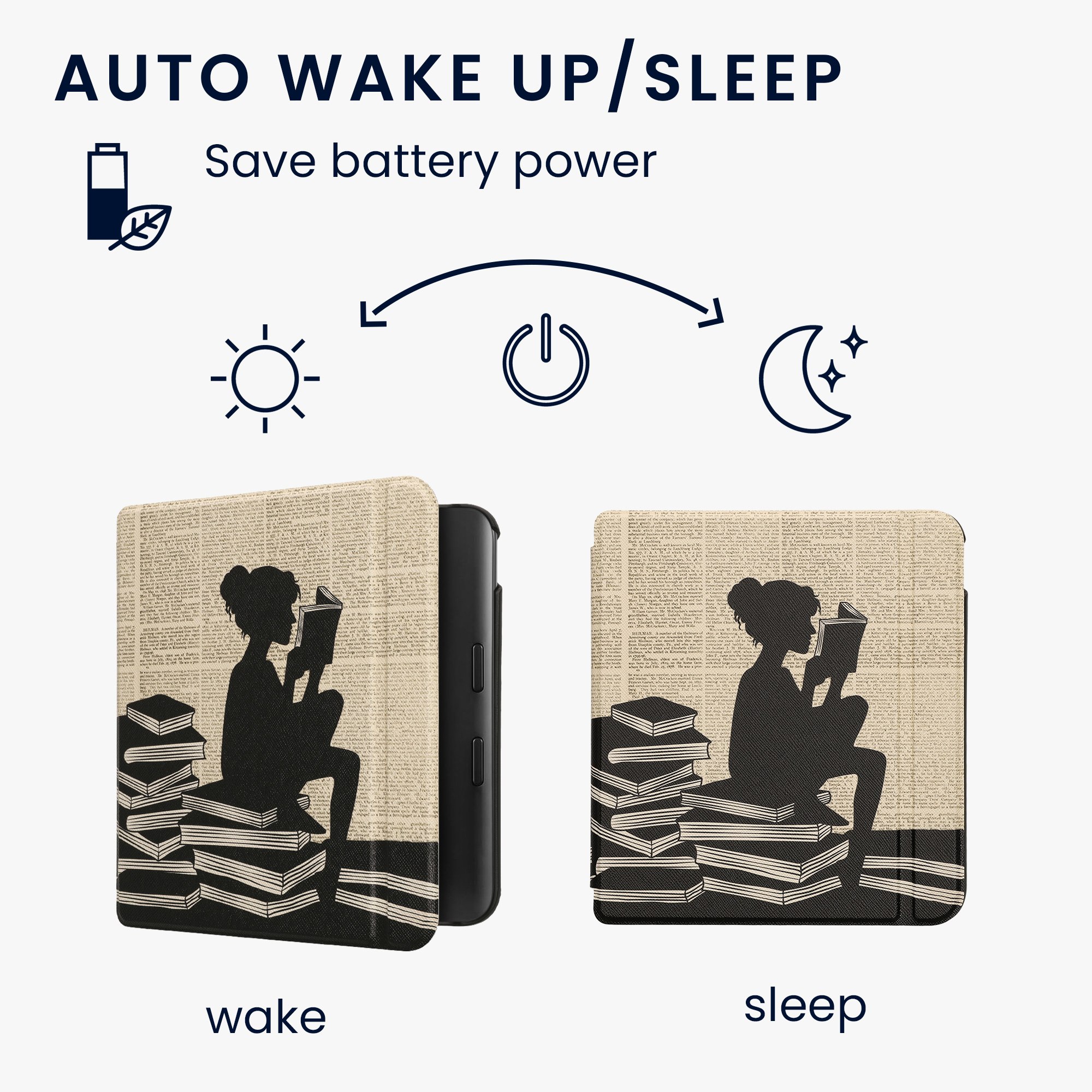 Obal pro Kobo Libra Colour kwmobile - motiv dívka s knihami s černá / béžová