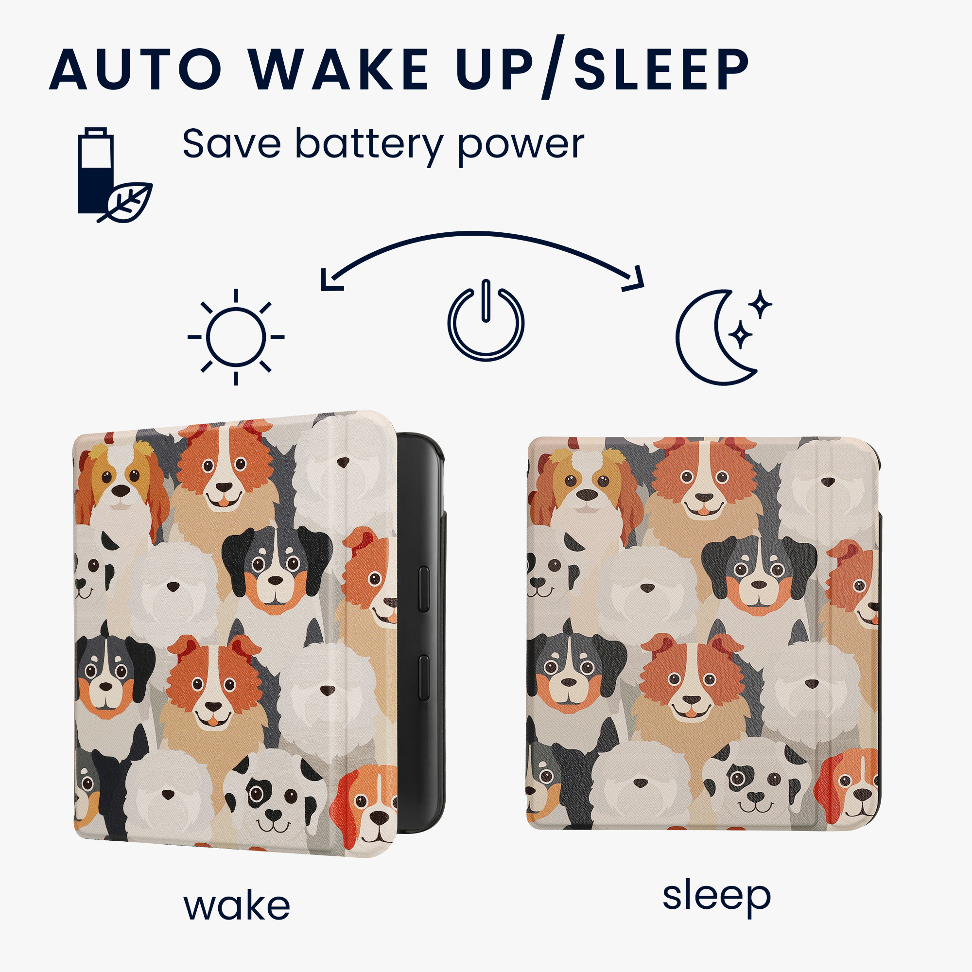 Obal pro Kobo Libra Colour kwmobile - motiv psi s bílá / světle hnědá / šedá