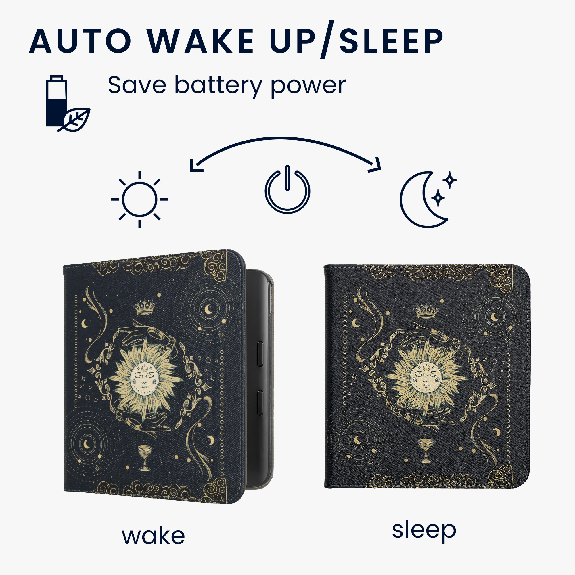 Obal pro Kobo Libra Colour kwmobile s poutkem - motiv tarotová karta s tmavě modrá / žlutá / černá