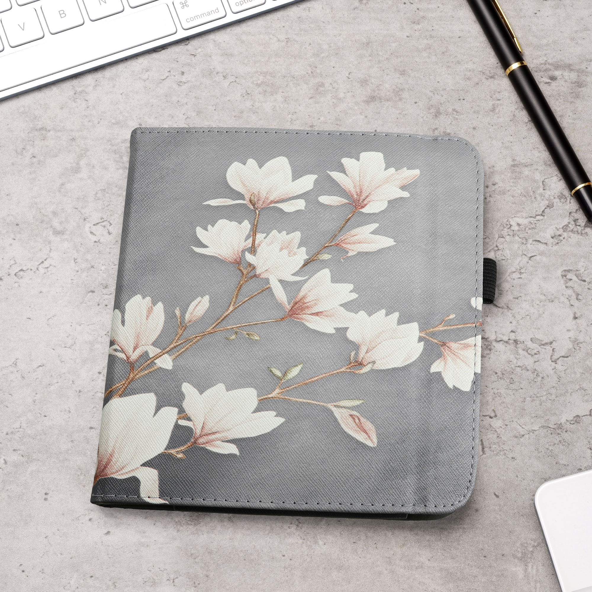 kwmobile pouzdro na čtečku Kobo Libra Colour, Magnolias taupe / bílá / modrošedá