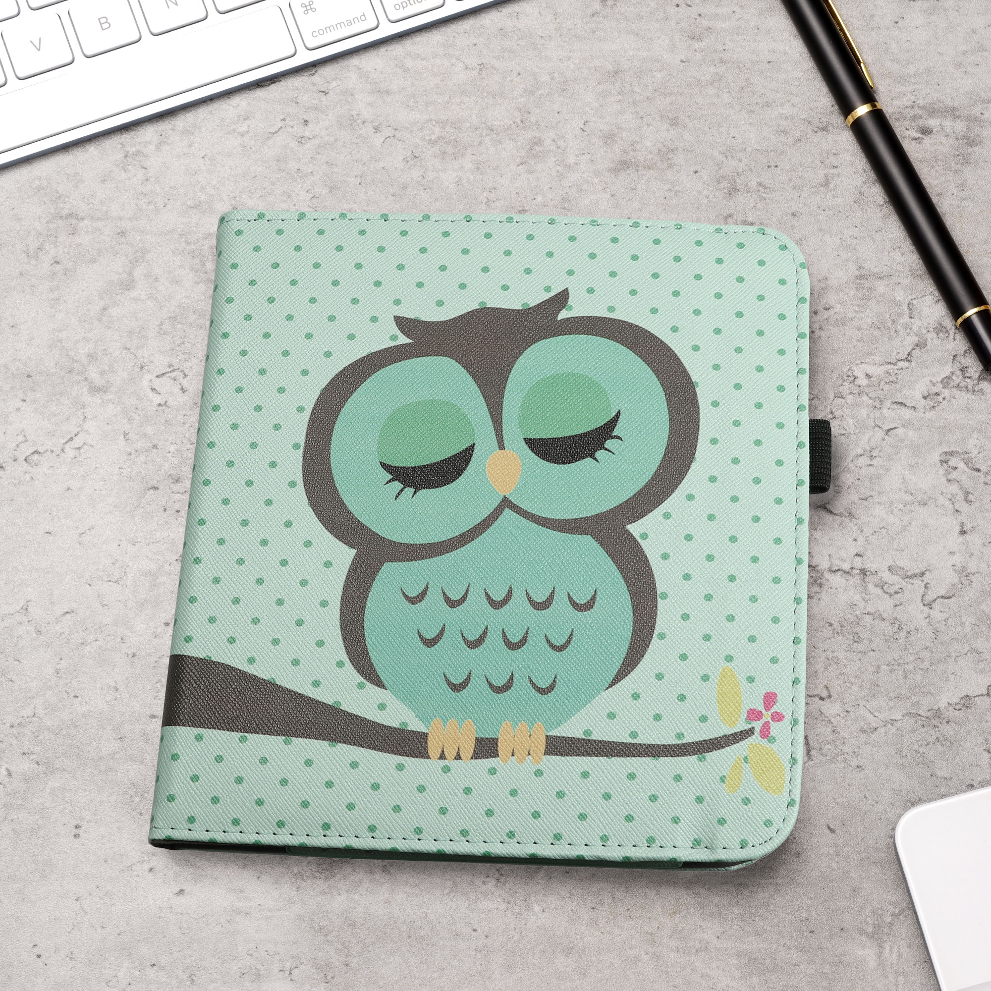kwmobile pouzdro na čtečku Kobo Libra Colour, Sleeping Owl tyrkysová / hnědá / mint