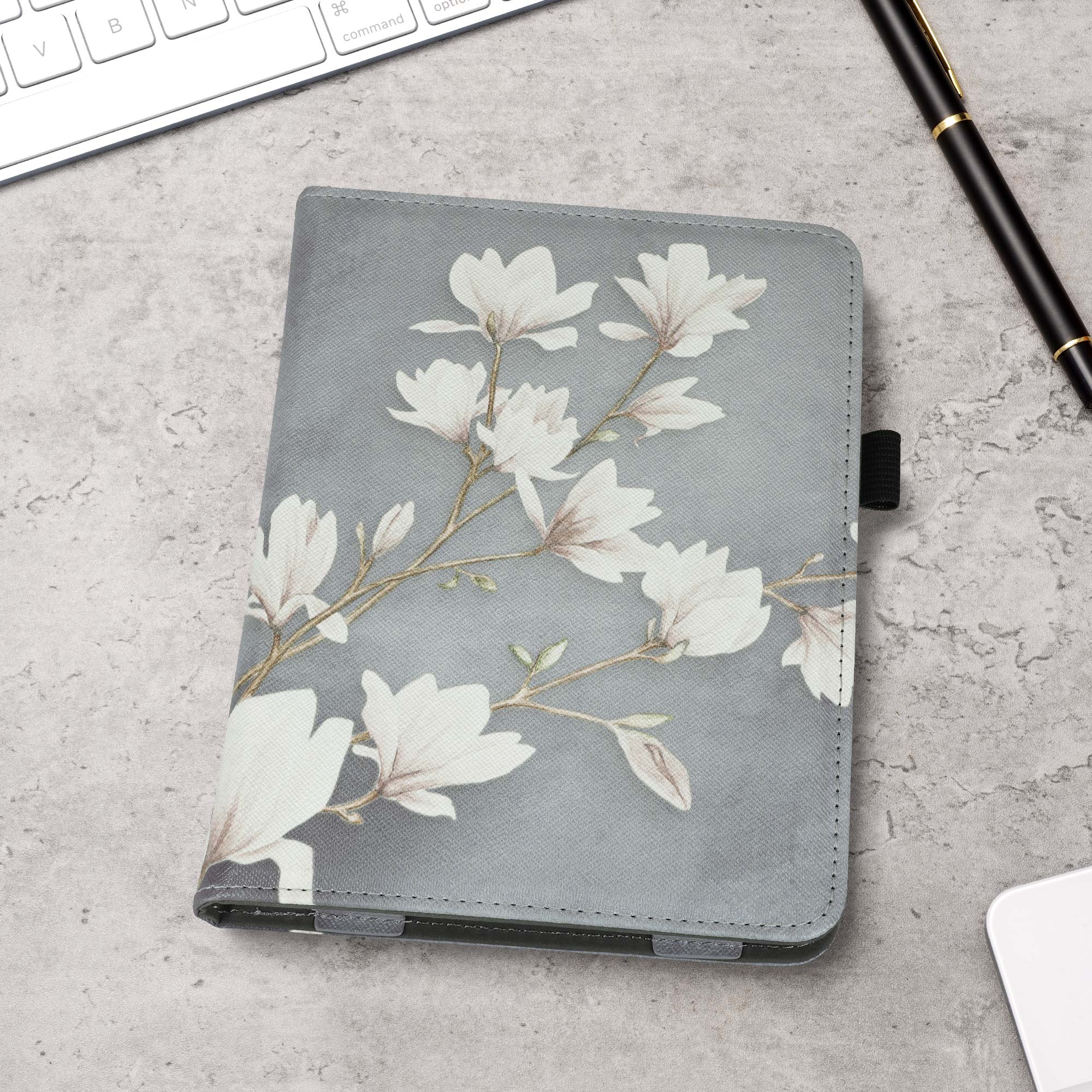 Pouzdro na čtečku kwmobile Kindle Paperwhite 2024 / Colorsoft - Magnolias taupe / bílá / modrošedá