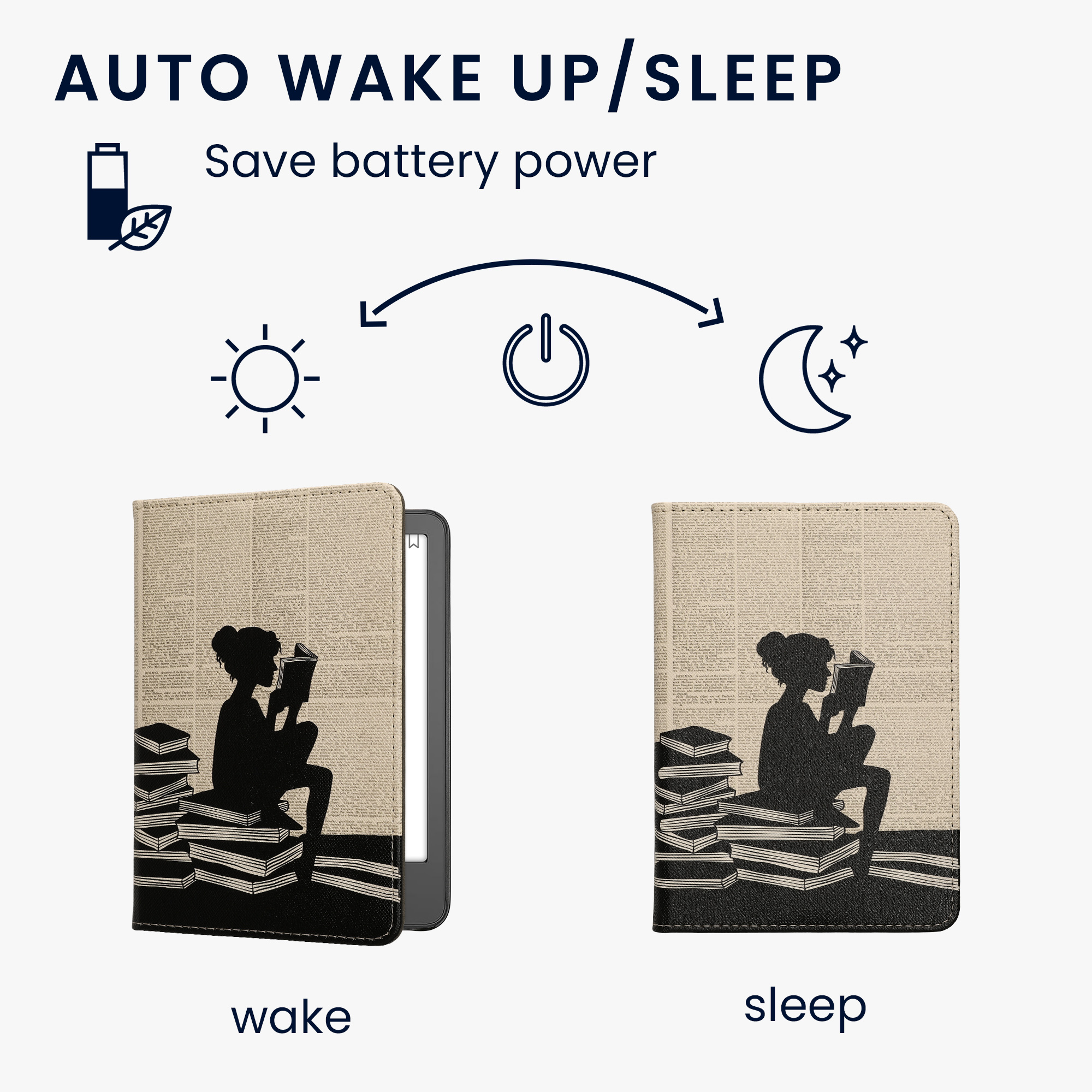 Pouzdro na čtečku kwmobile pro Amazon Kindle (2022/2024) - motiv dívka a knihy černá / béžová